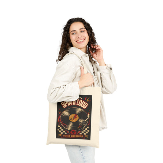 Spin It Loud vinyl record tote bag | Retro music poster design