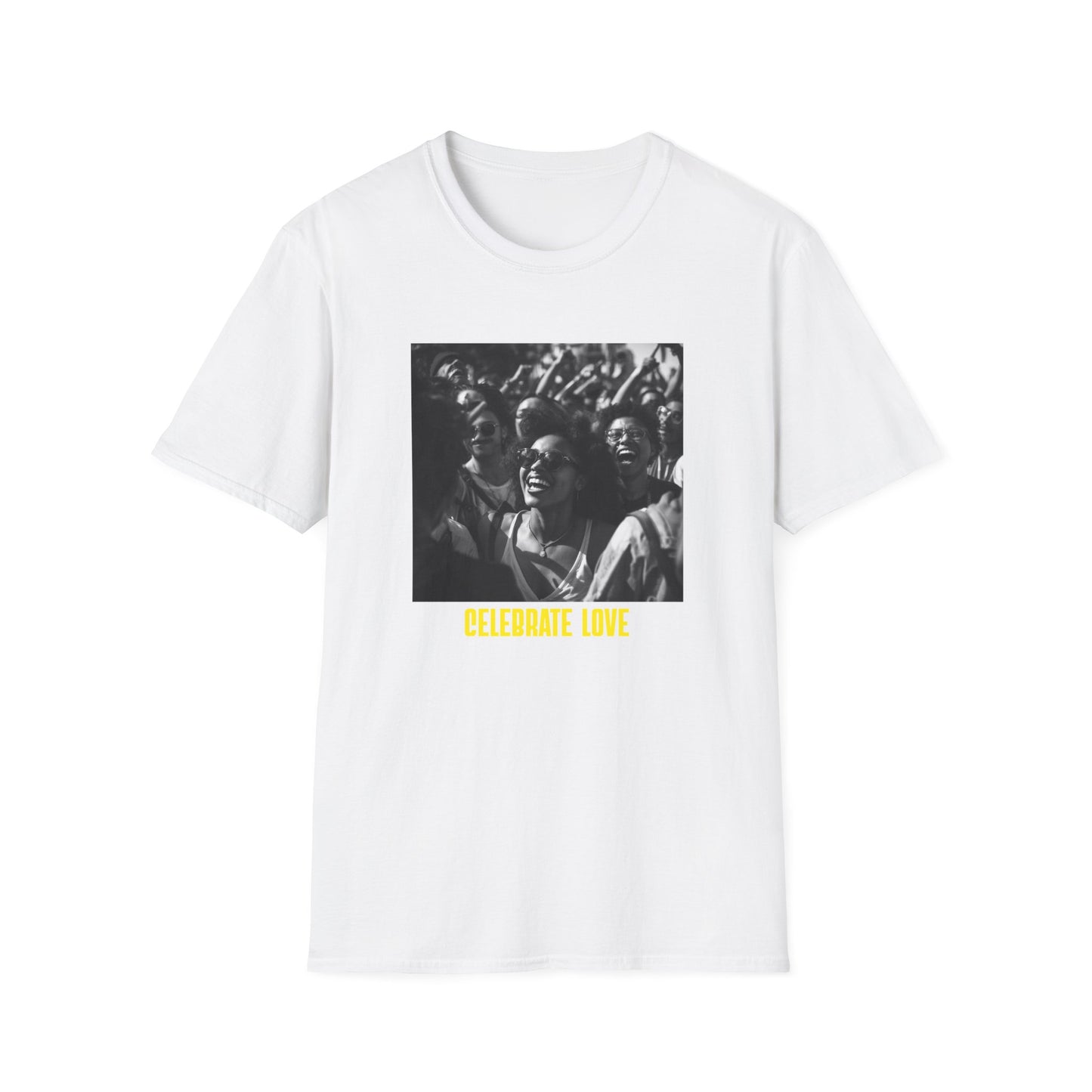 Celebrate Love T-Shirt | Black and White Crowd Photo, Yellow Text