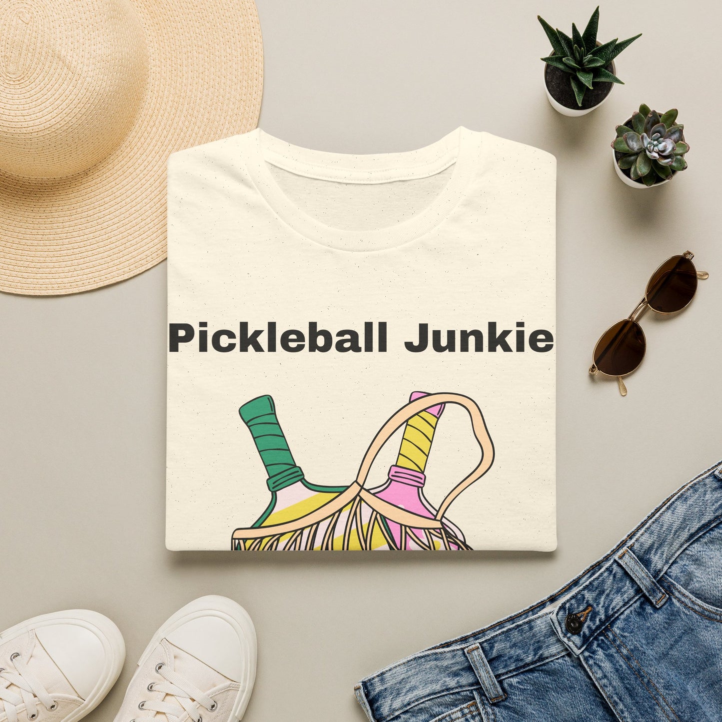 Pickleball Junkie T-Shirt | Colorful Paddle and Ball Illustration