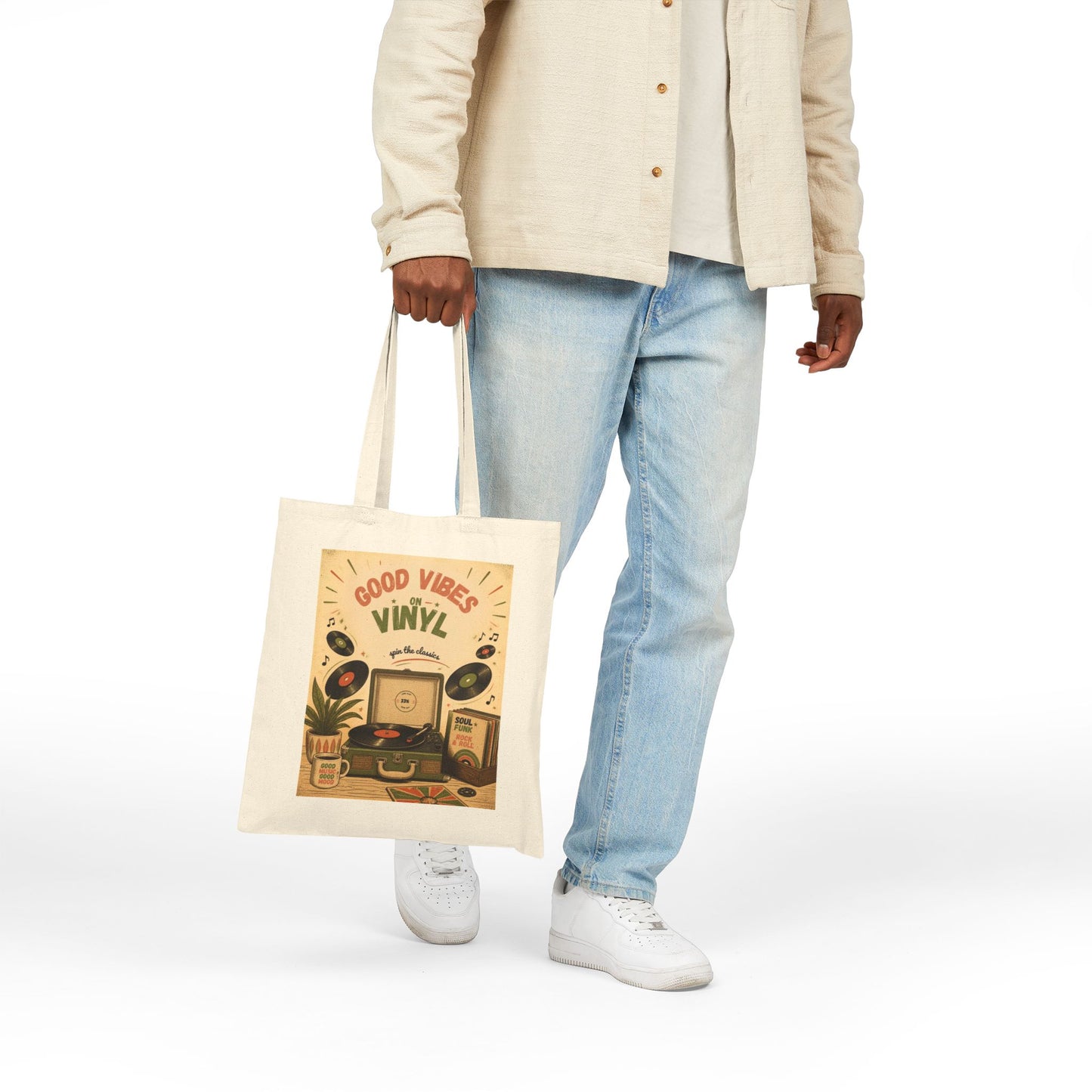 Good Vibes Vinyl Record Player Tote Bag | Retro Music Illustration