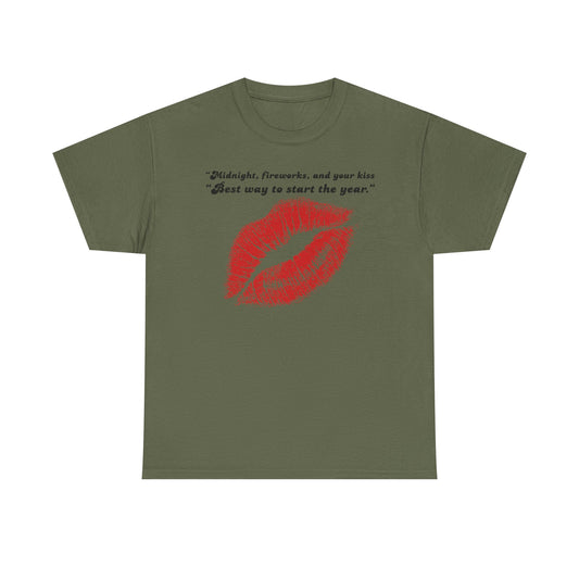 Red Kiss Lip Print T-Shirt | Script Quote New Year Midnight Fireworks