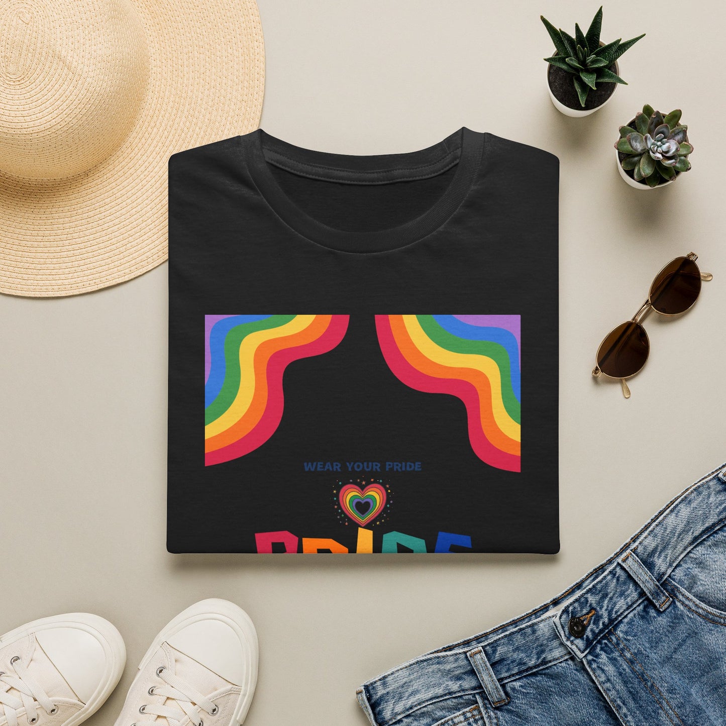 Rainbow Pride heart graphic T-Shirt | Wear Your Pride slogan