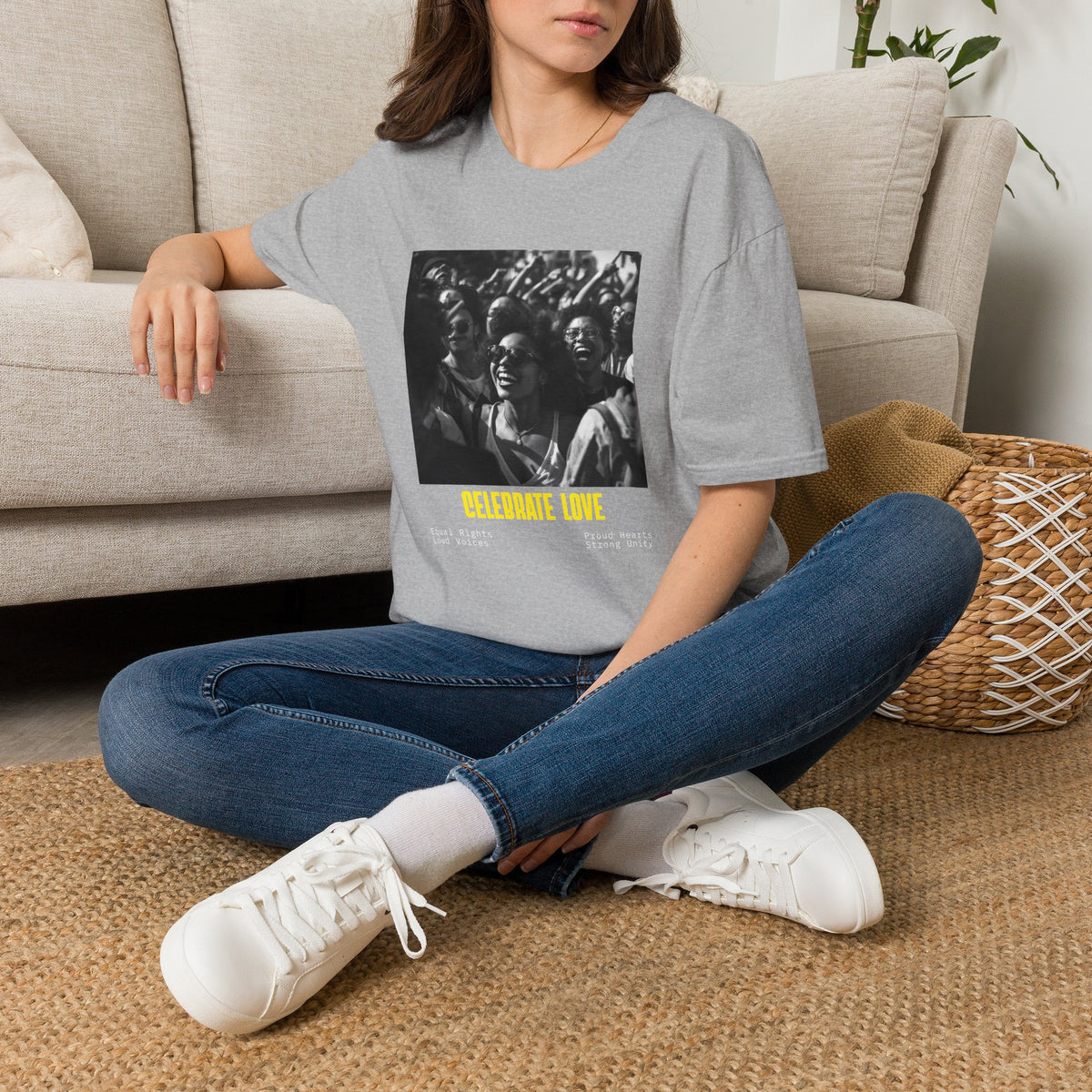 Celebrate Love T-Shirt | Black and White Crowd Photo, Yellow Text