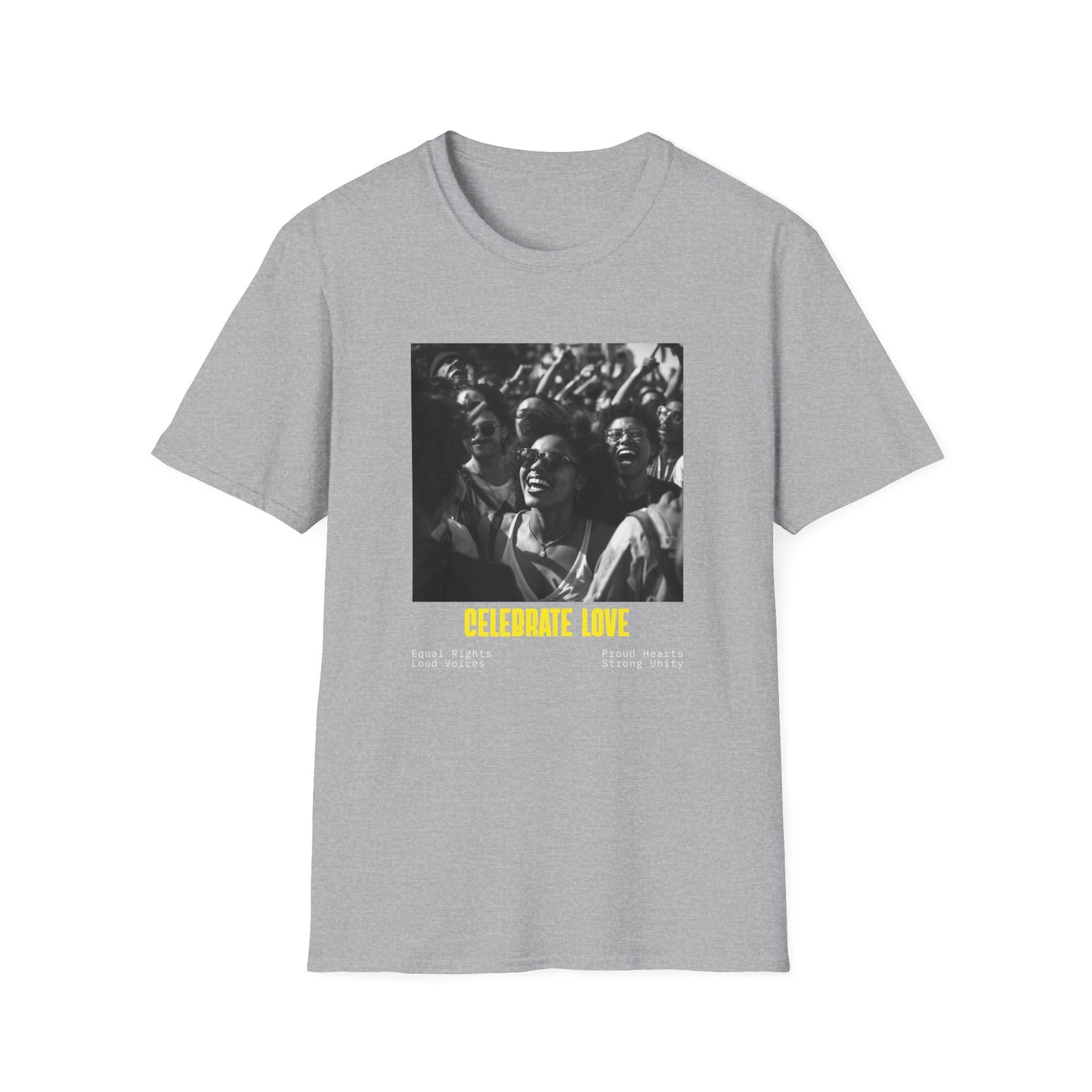 Celebrate Love T-Shirt | Black and White Crowd Photo, Yellow Text