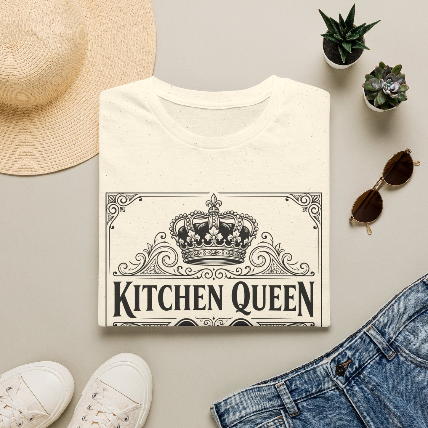 Kitchen Queen T-Shirt | Crown, Spatula, Vintage Scroll Design