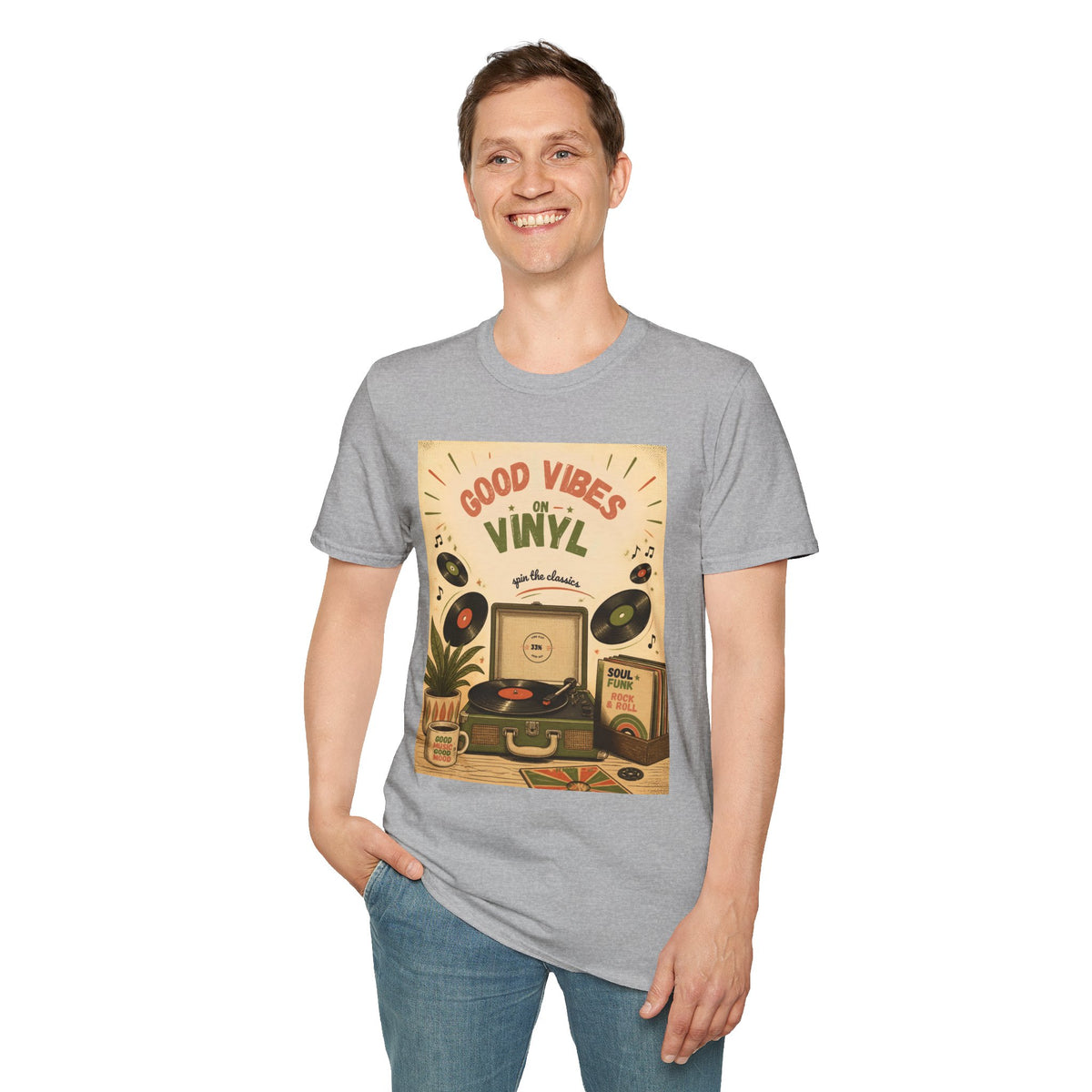 Good Vibes on Vinyl T-Shirt | Retro Record Player Design