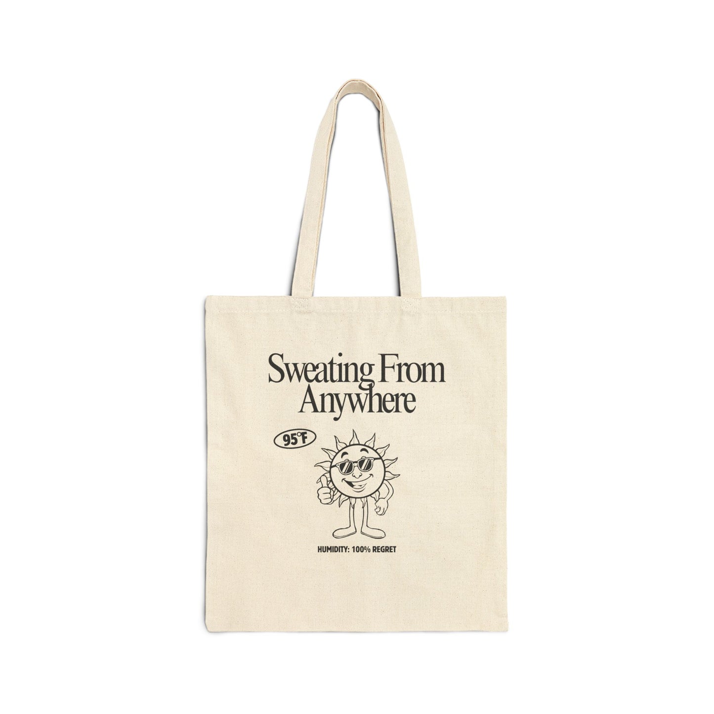 Sweating From Anywhere tote bag | Sun character illustration, 95F thermometer