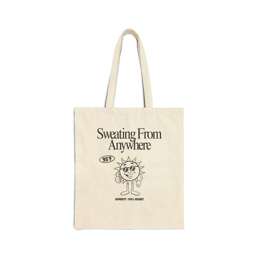 Sweating From Anywhere tote bag | Sun character illustration, 95F thermometer