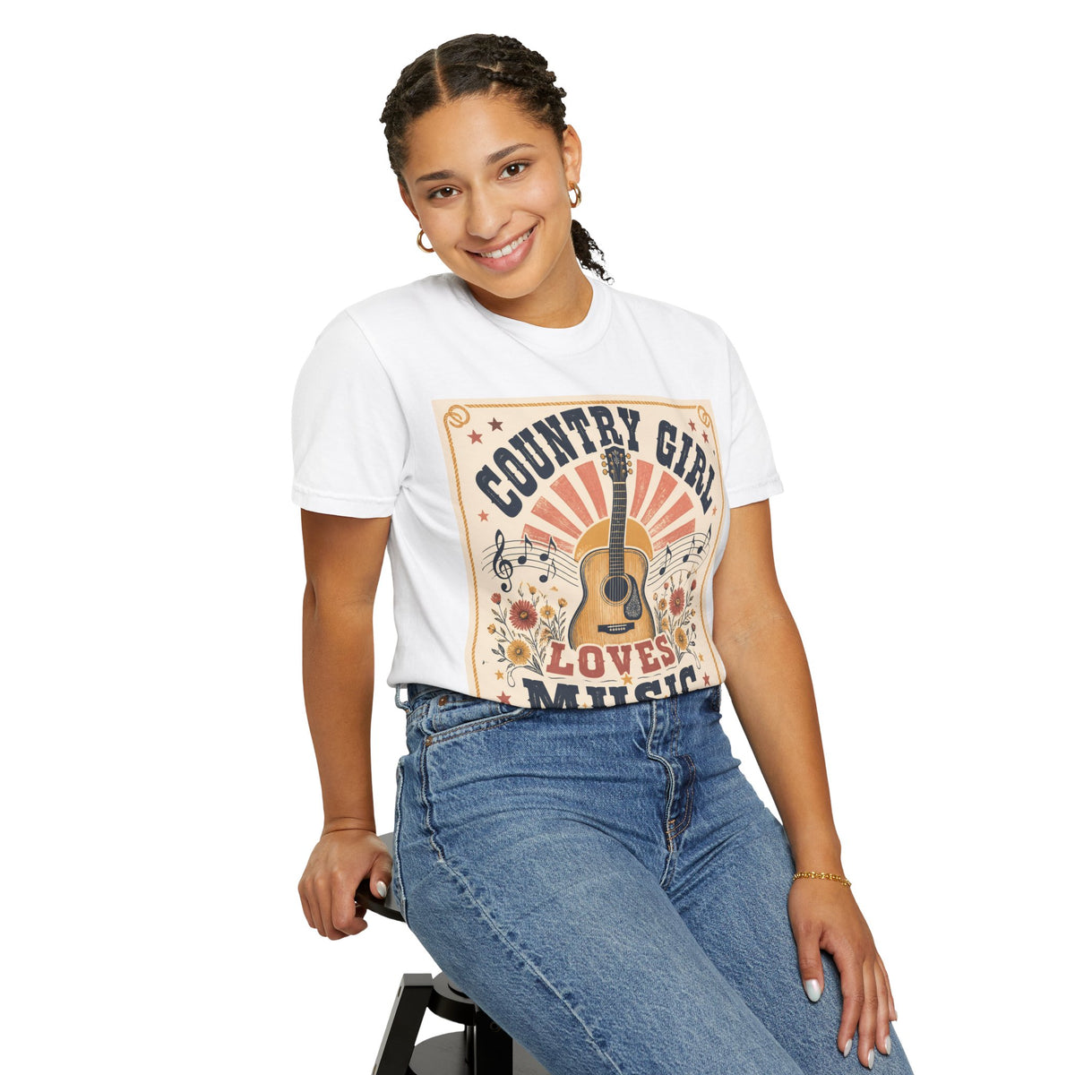 Country Girl Loves Music T-shirt | Acoustic Guitar Floral Vintage Design