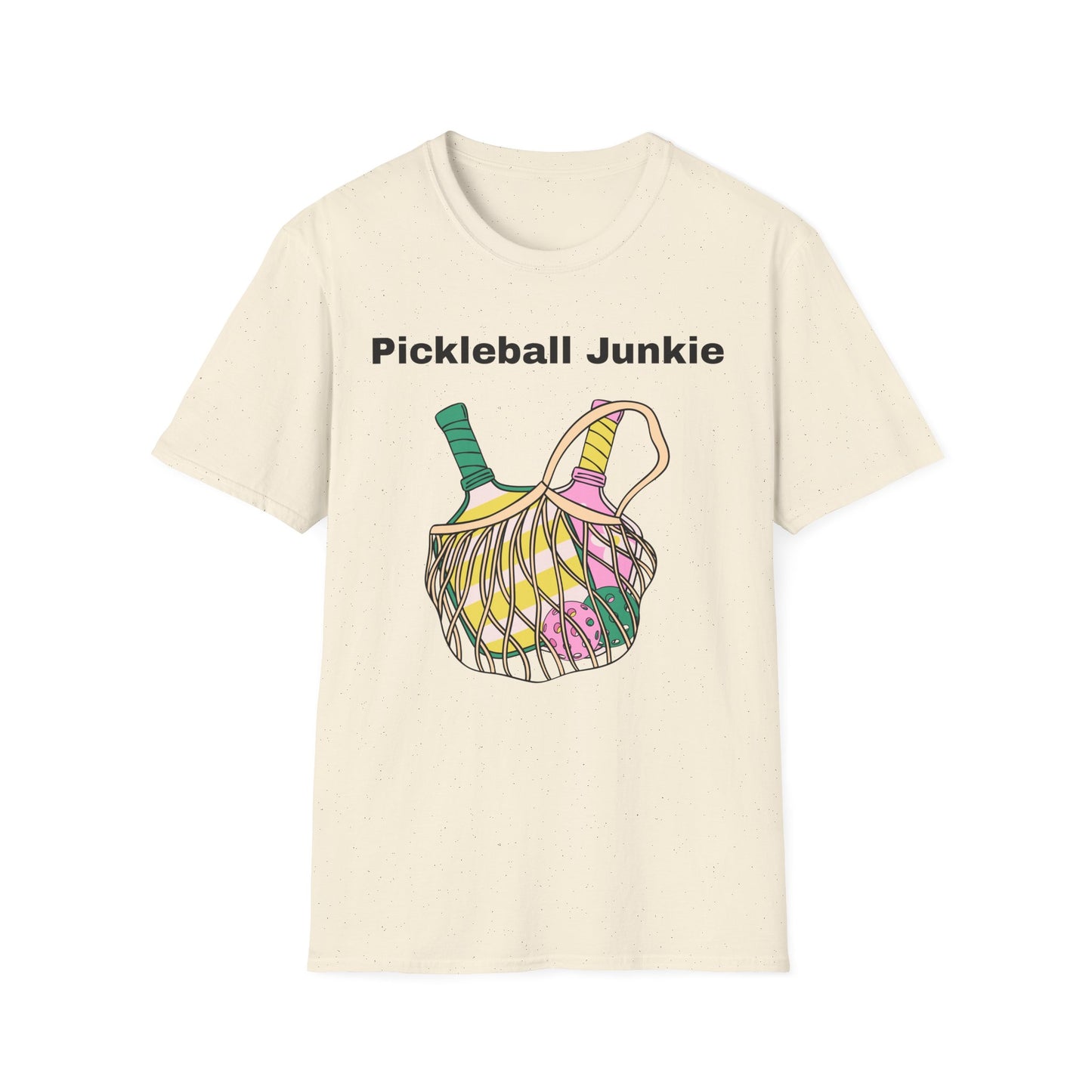 Pickleball Junkie T-Shirt | Colorful Paddle and Ball Illustration