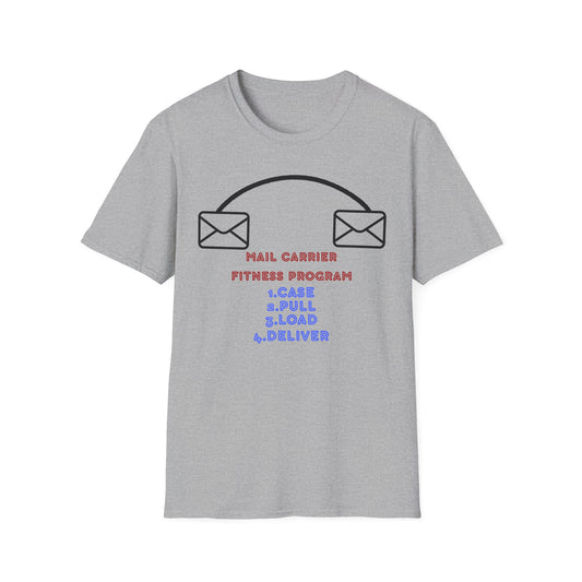 Funny Mail Carrier Fitness Program T-Shirt, Gift for Postal Workers, Funny Workout Tee, Unique Fitness Shirt, Casual Style Tee