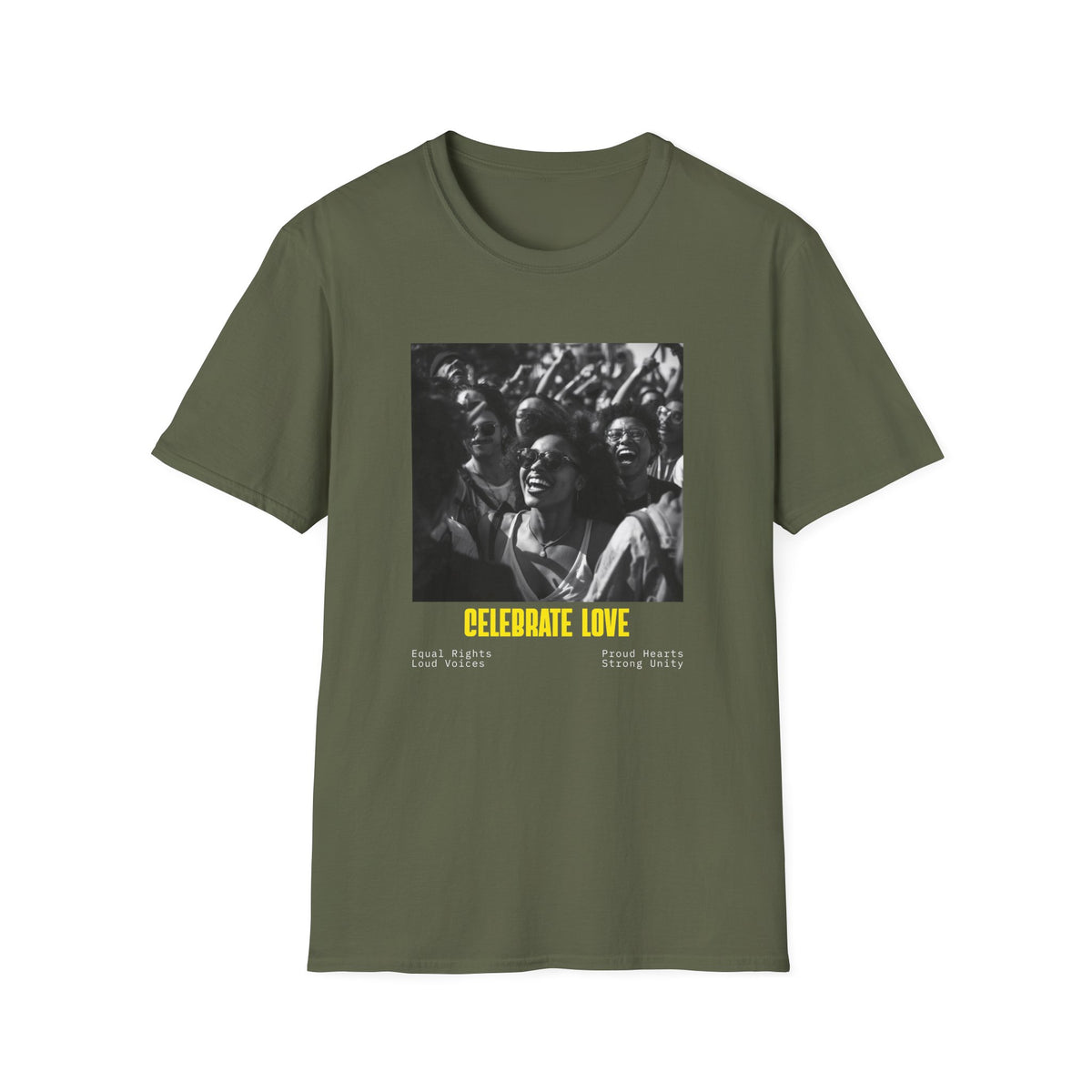 Celebrate Love T-Shirt | Black and White Crowd Photo, Yellow Text