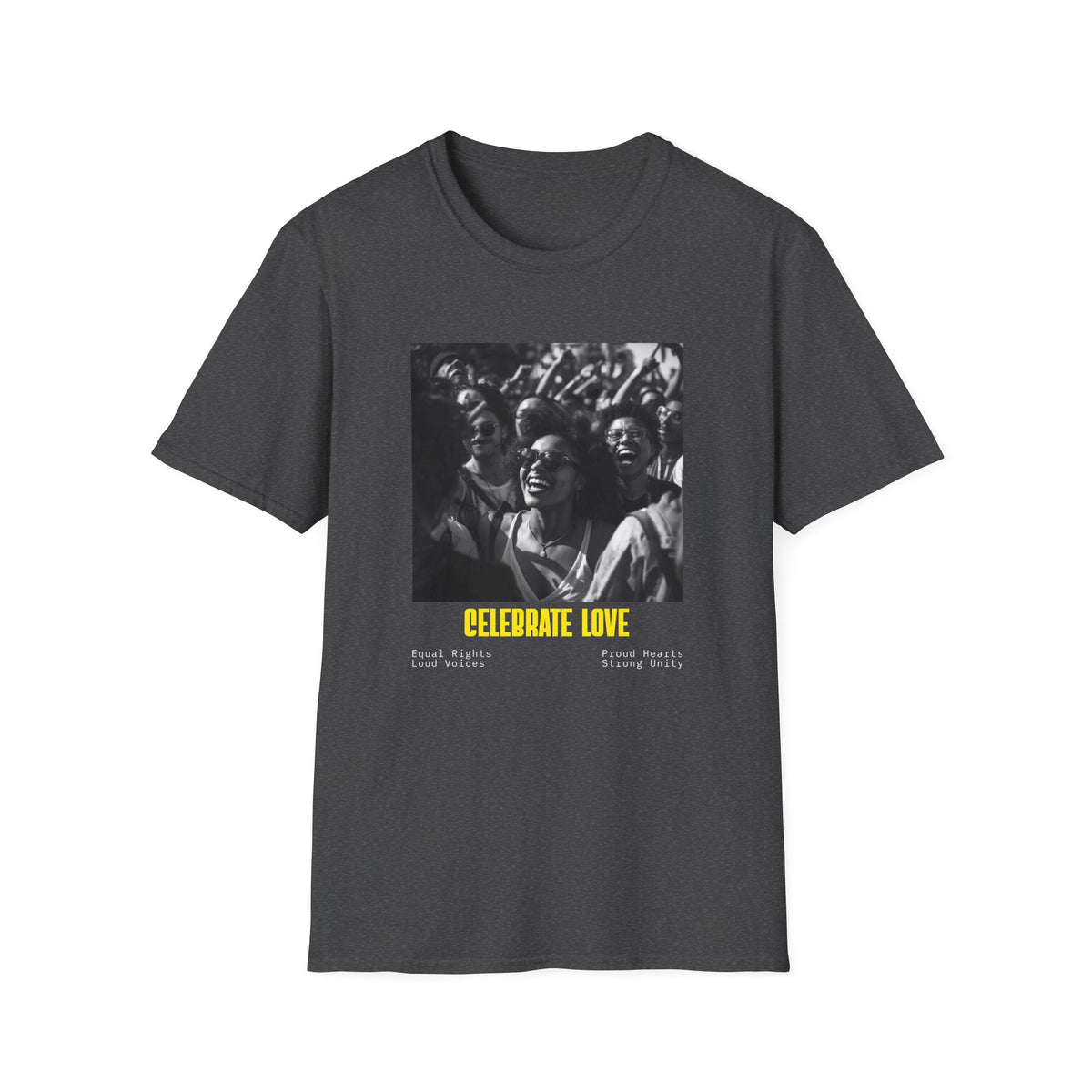 Celebrate Love T-Shirt | Black and White Crowd Photo, Yellow Text