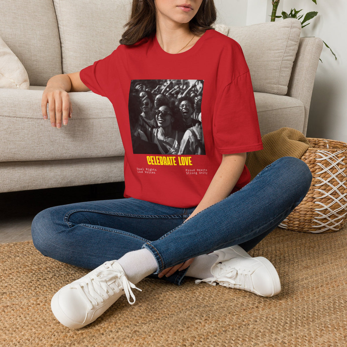 Celebrate Love T-Shirt | Black and White Crowd Photo, Yellow Text
