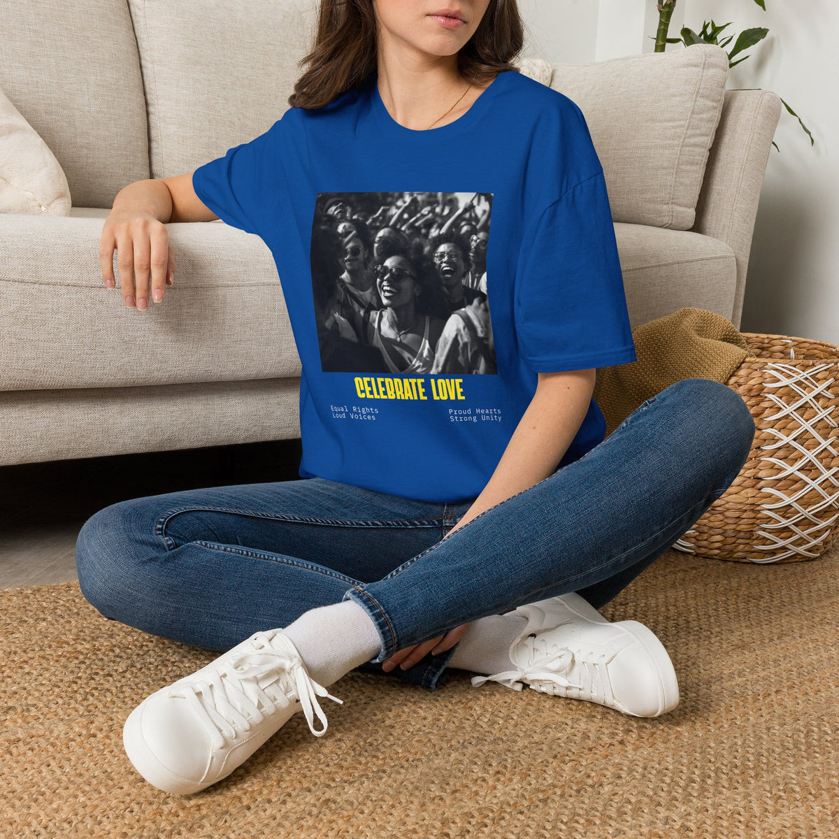 Celebrate Love T-Shirt | Black and White Crowd Photo, Yellow Text
