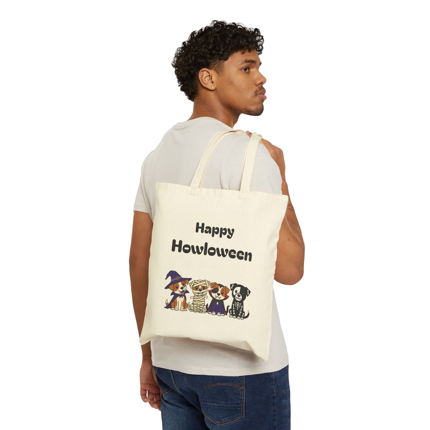 Happy Howloween Cotton Tote Bag, Dog Lovers Gift, Halloween Eco-Friendly Bag, Pet Themed Shopping Tote, Trick or Treat Bag