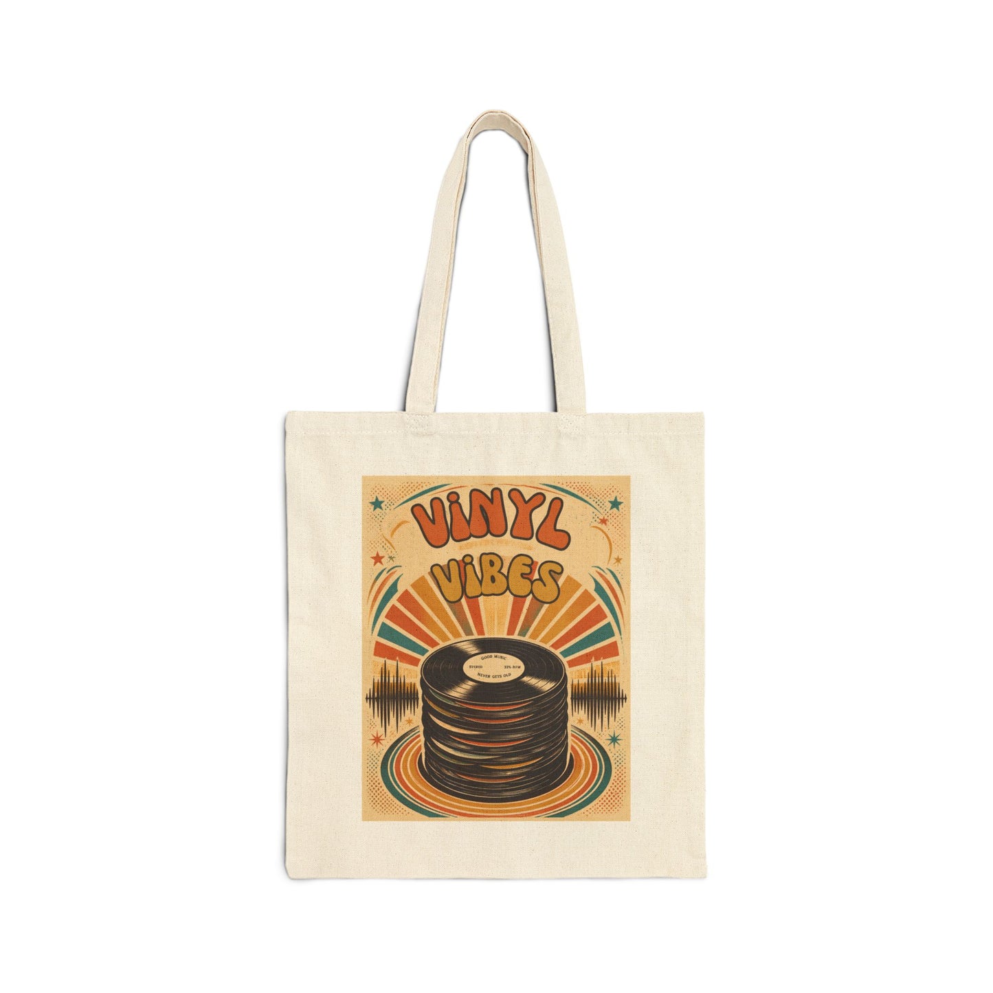 Vinyl Vibes record stack Tote Bag | Retro music graphic canvas