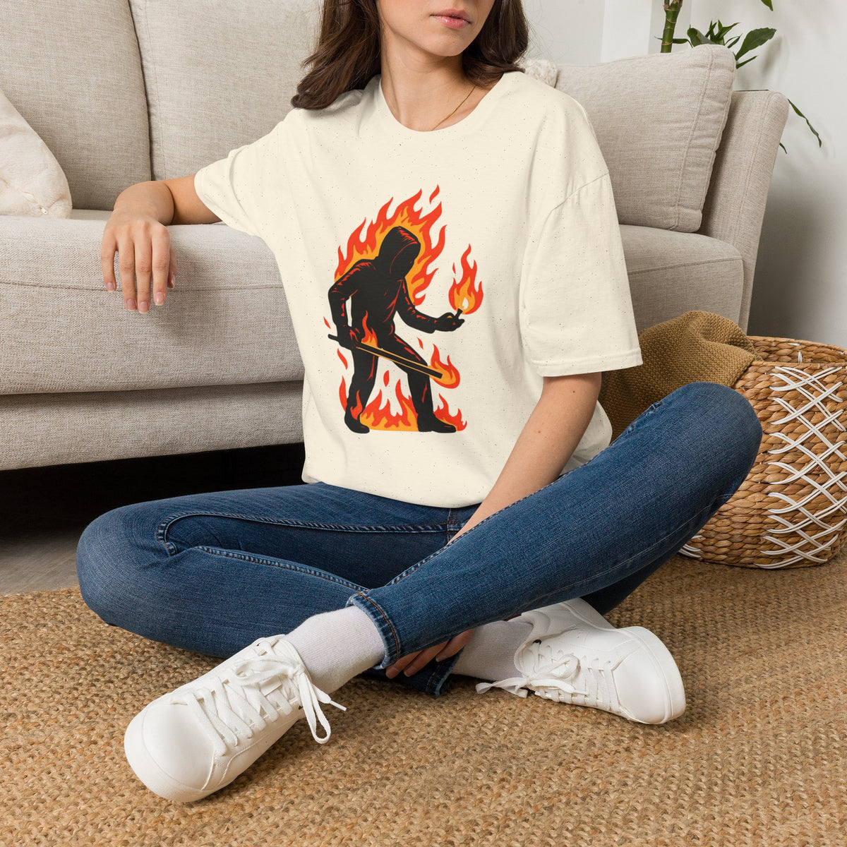 Flaming Sasquatch Illustration T-Shirt | Fire Bigfoot Graphic Tee