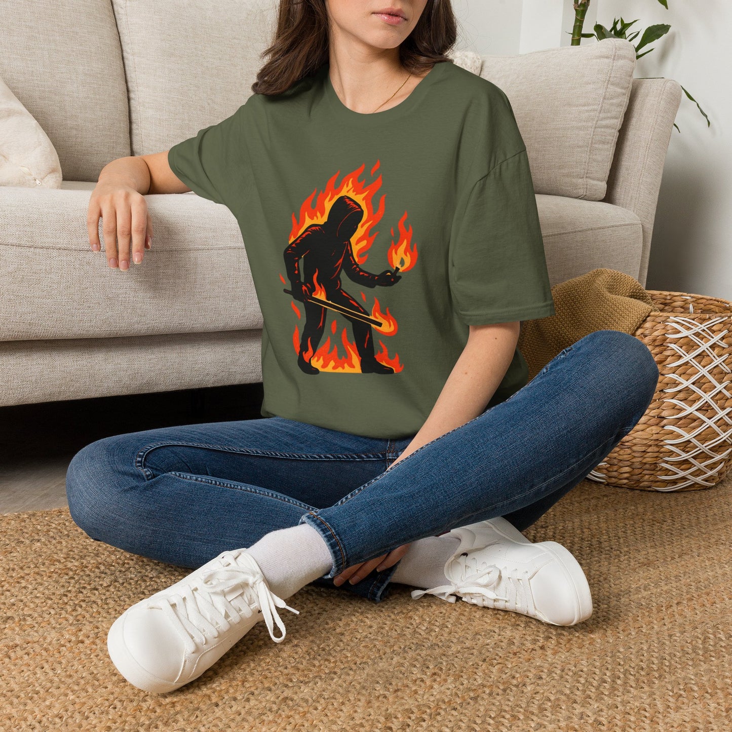 Flaming Sasquatch Illustration T-Shirt | Fire Bigfoot Graphic Tee