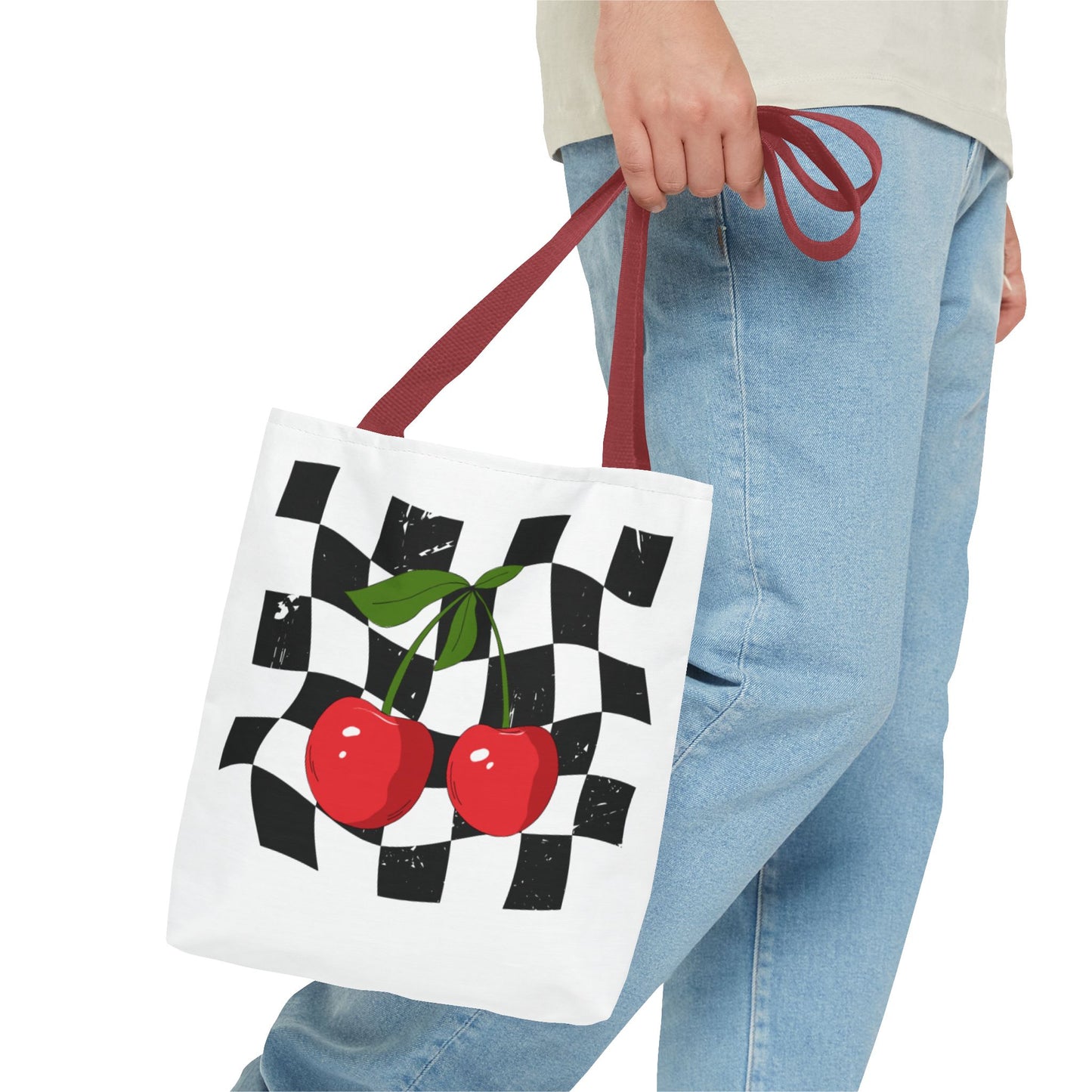 Cute Cherry Checkerboard Tote Bag, Summer Vibe Shopping Bag, Trendy Eco-Friendly Gift, Picnic Essential, Festival Accessory