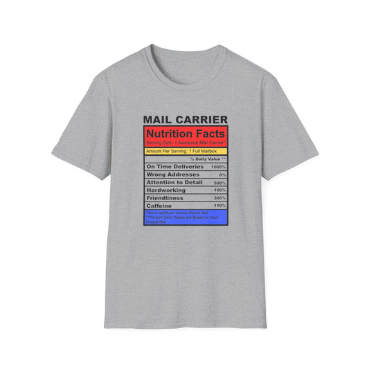 Mail Carrier Nutrition Facts Unisex Softstyle T-Shirt, Funny Gift for Postal Workers, Delivery Staff Tee, Unique Graphic Tee, Casual Wear