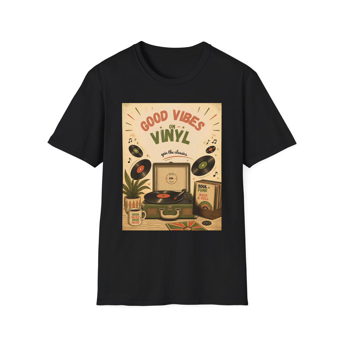 Good Vibes on Vinyl T-Shirt | Retro Record Player Design