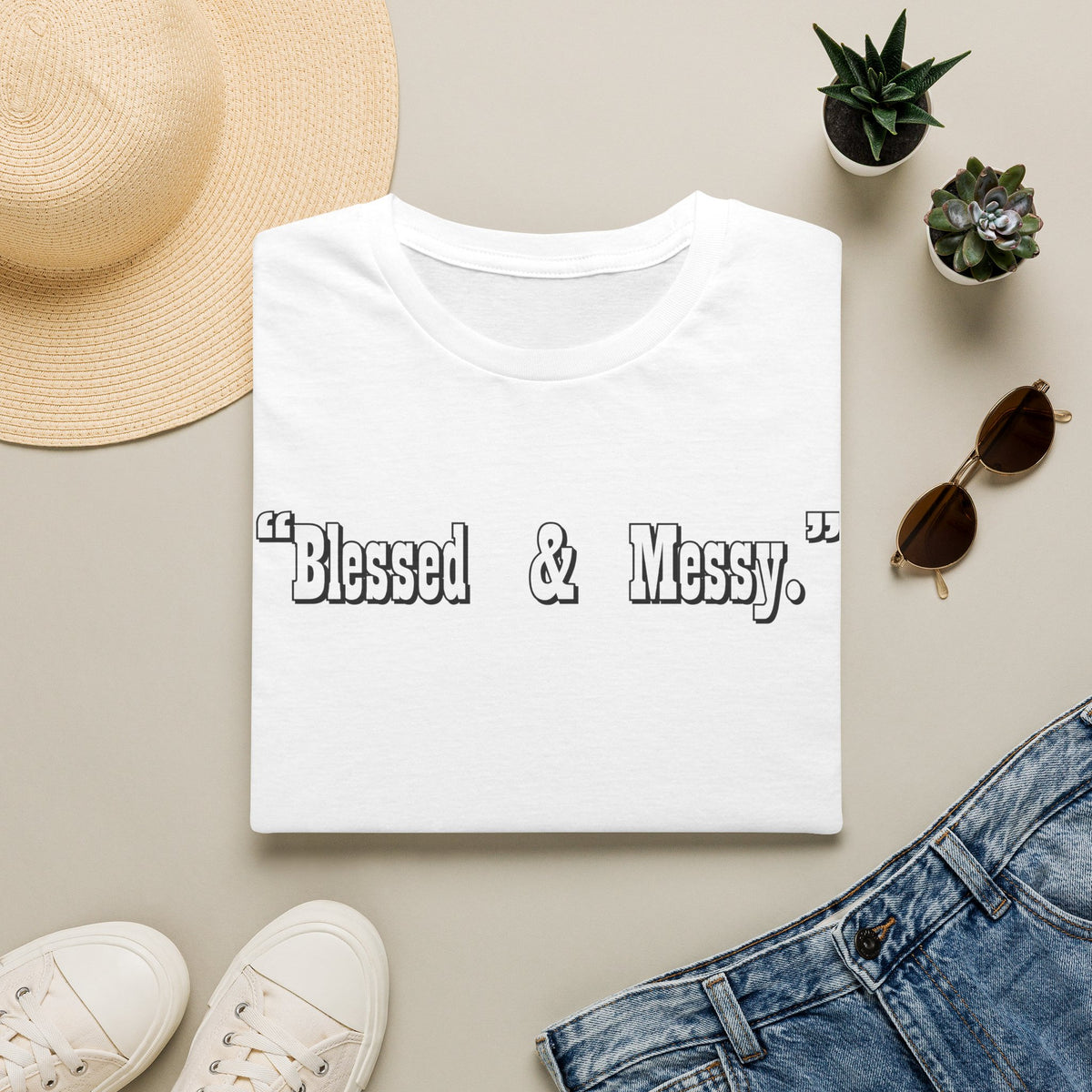 Blessed & Messy T-Shirt | Script Text Minimalist Typography