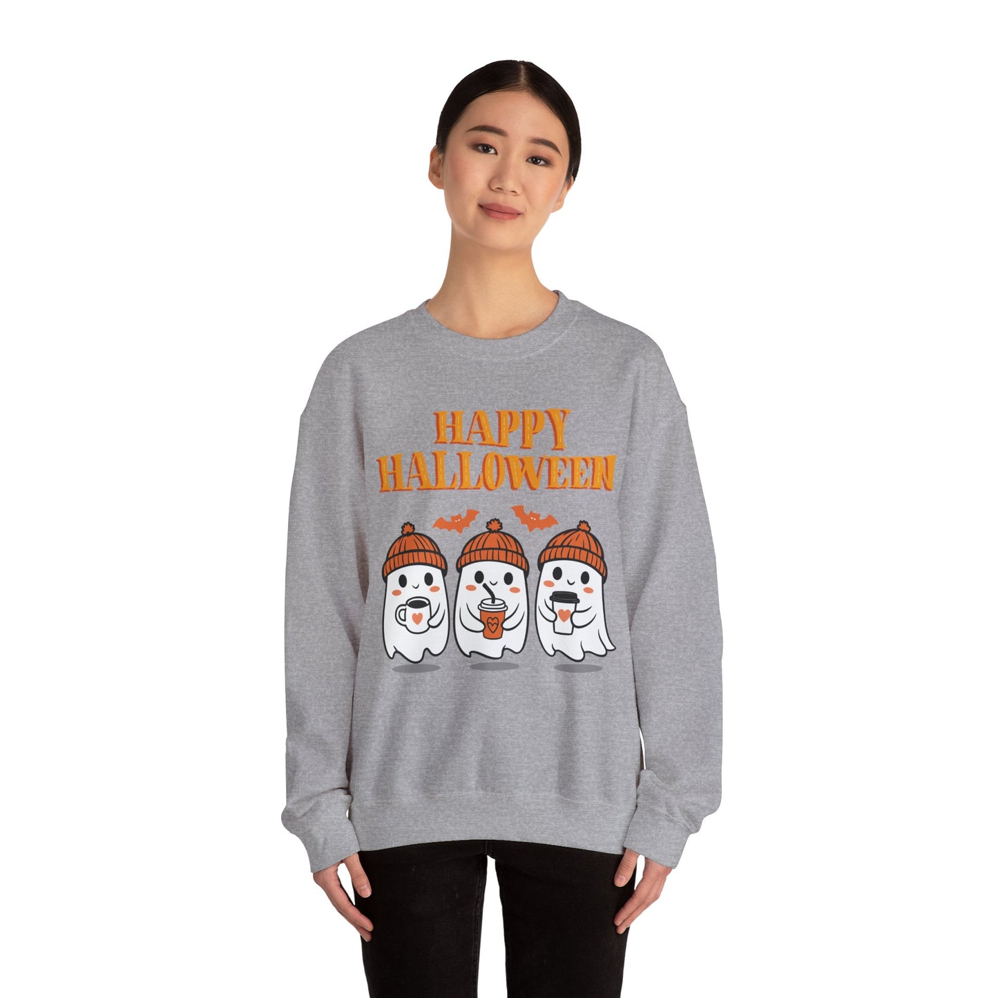 Happy Halloween Ghosts Crewneck Sweatshirt, Cozy Fall Apparel, Unisex Halloween Sweatshirt, Spooky Season Gift, Cute Pumpkin Design
