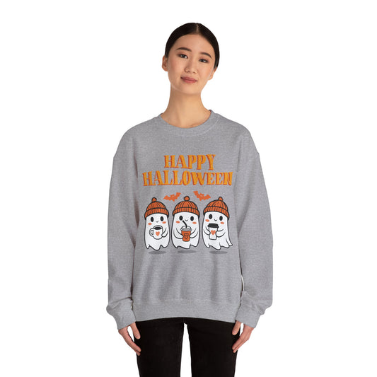 Happy Halloween Ghosts Crewneck Sweatshirt, Cozy Fall Apparel, Unisex Halloween Sweatshirt, Spooky Season Gift, Cute Pumpkin Design
