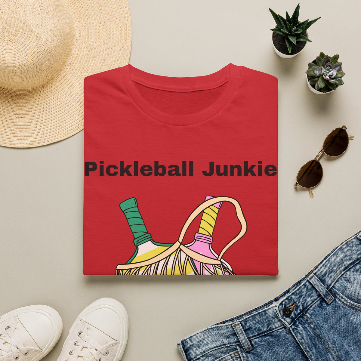 Pickleball Junkie T-Shirt | Colorful Paddle and Ball Illustration