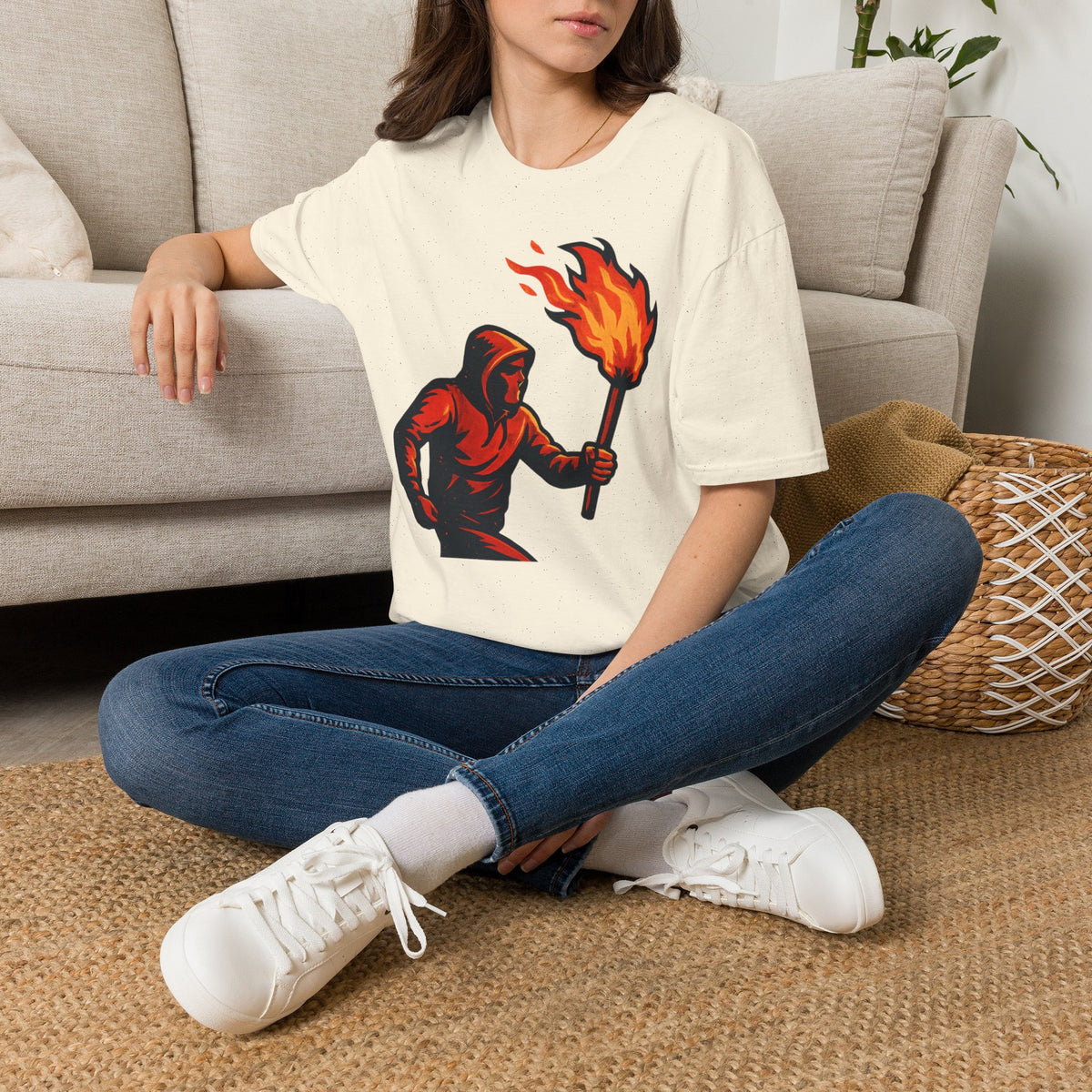 Hooded Figure with Torch T-Shirt | Flame Riot Graphic Tee