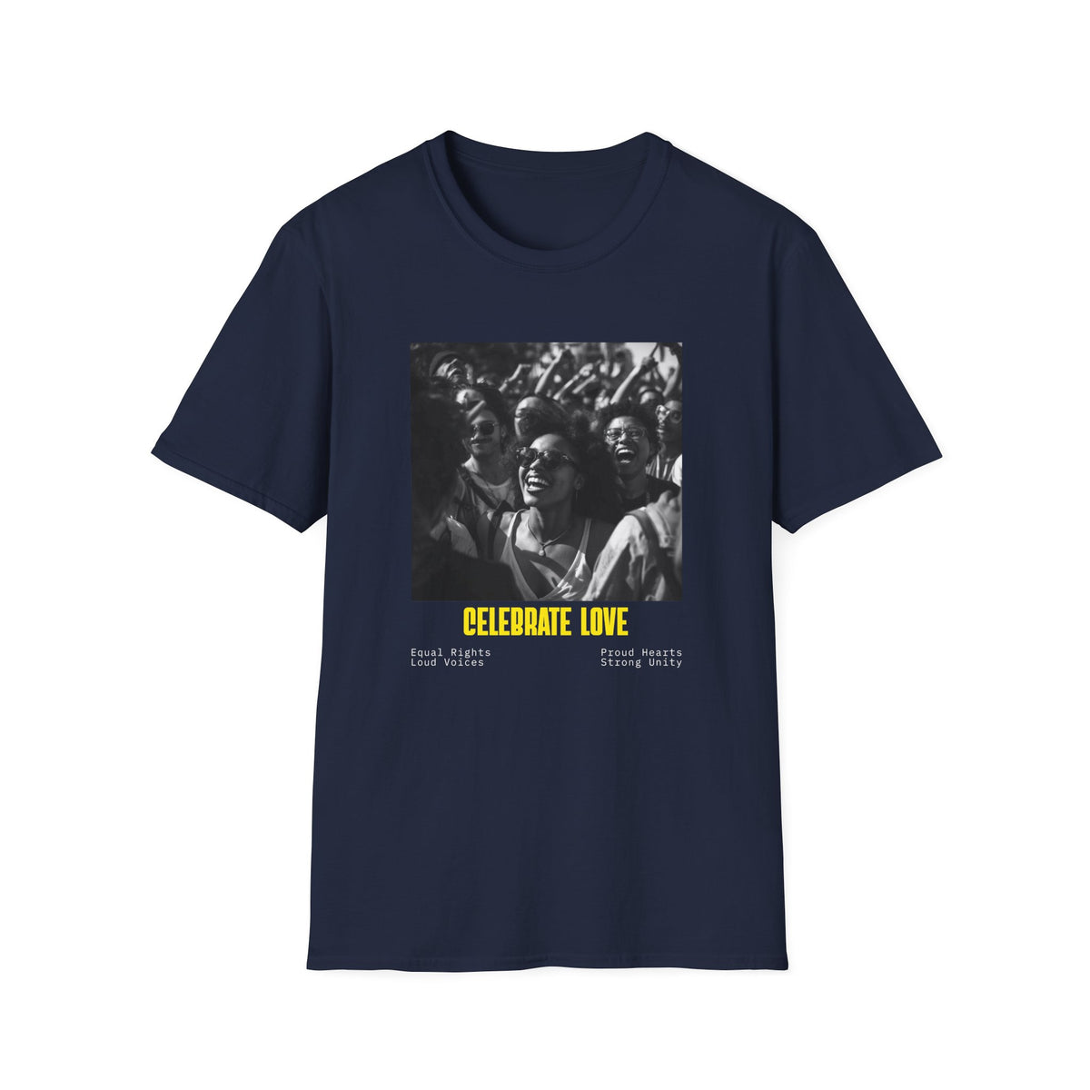Celebrate Love T-Shirt | Black and White Crowd Photo, Yellow Text