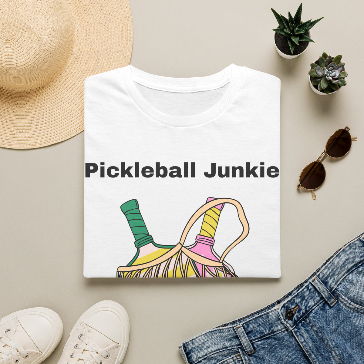 Pickleball Junkie T-Shirt | Colorful Paddle and Ball Illustration