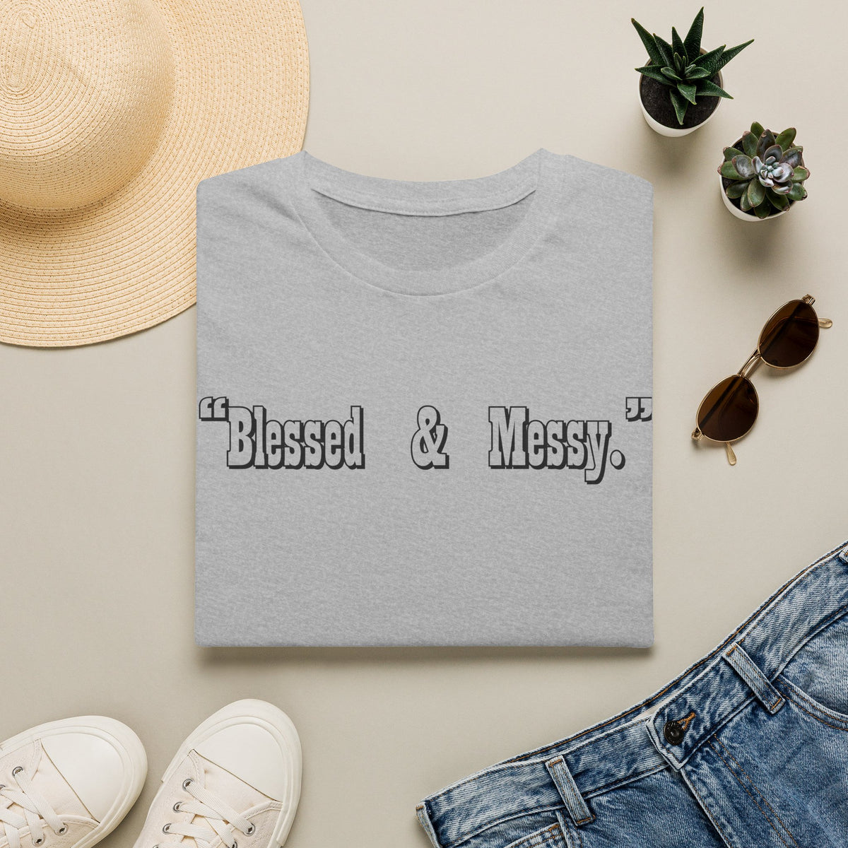 Blessed & Messy T-Shirt | Script Text Minimalist Typography