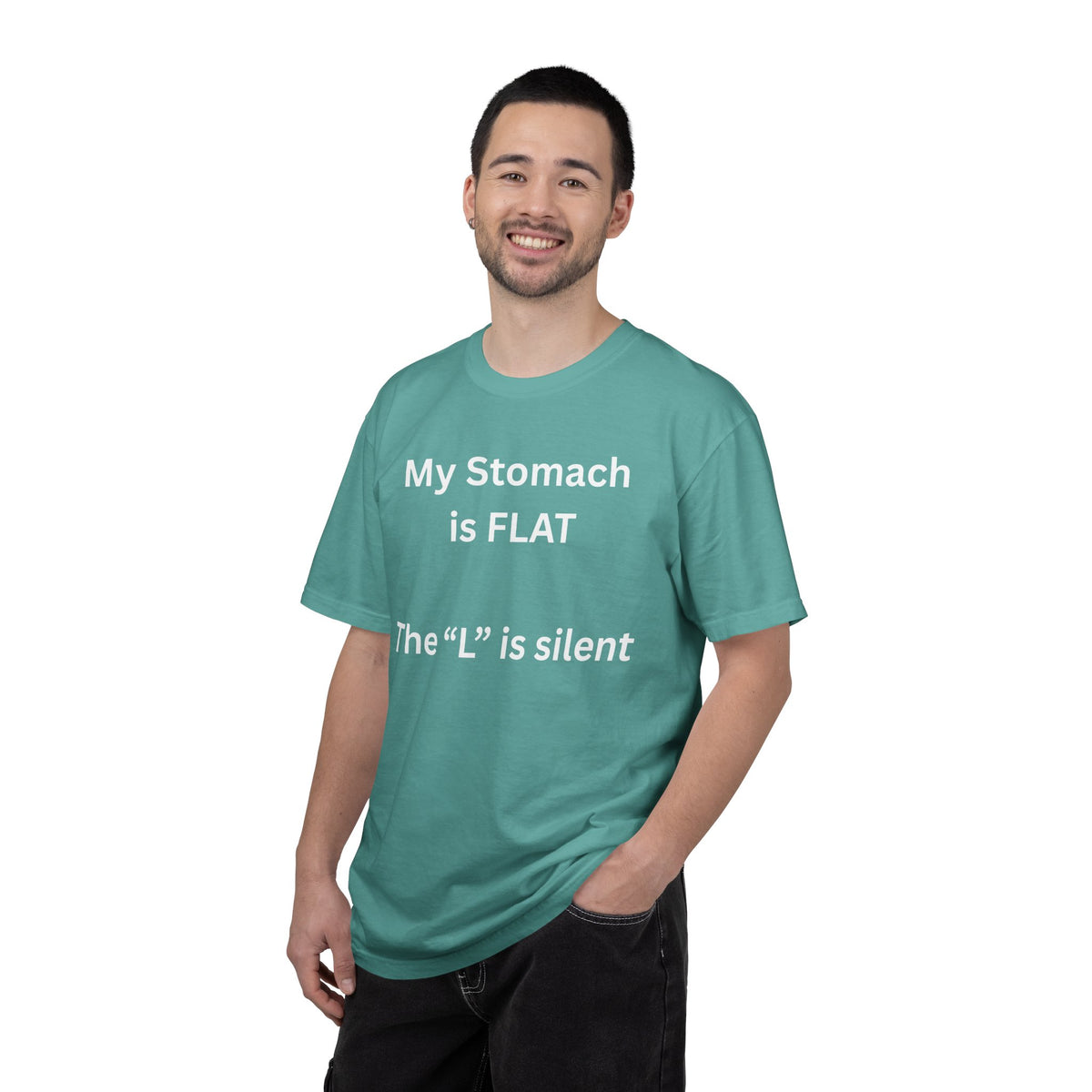 My Stomach is FLAT The "L" is silent T-shirt | Funny Text Tee