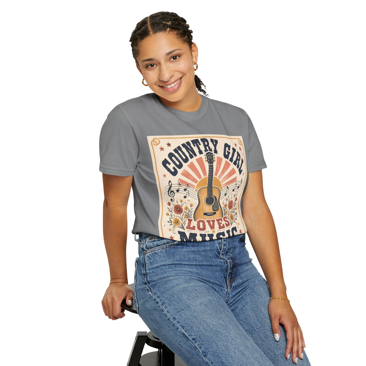 Country Girl Loves Music T-shirt | Acoustic Guitar Floral Vintage Design
