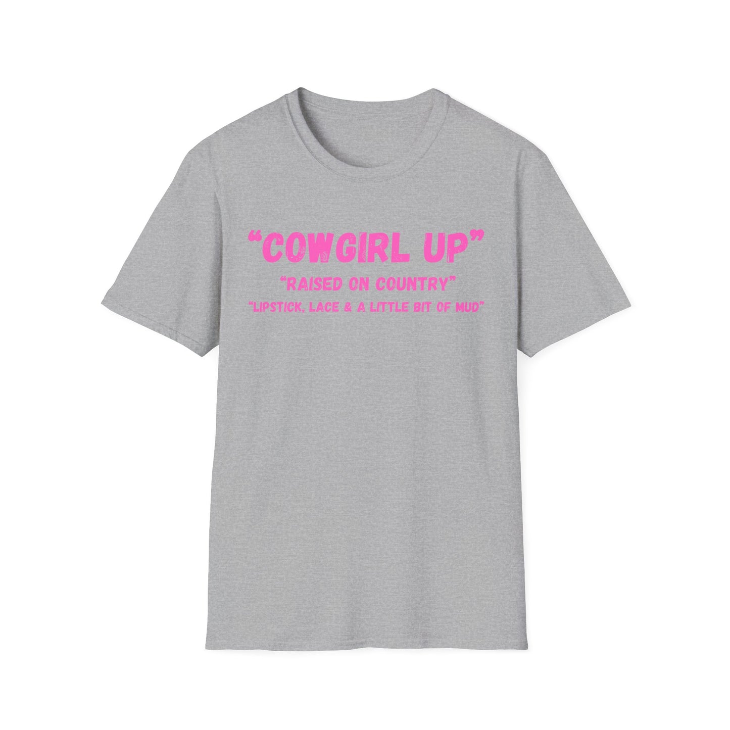Cowgirl up graphic tee, T Shirt | Raised on Country pink text