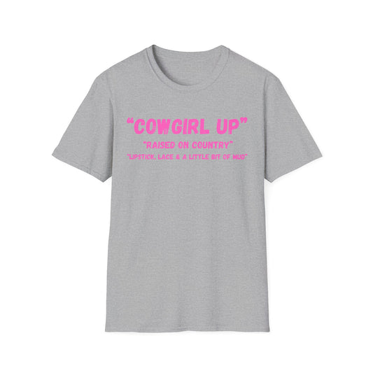 Cowgirl up graphic tee, T Shirt | Raised on Country pink text
