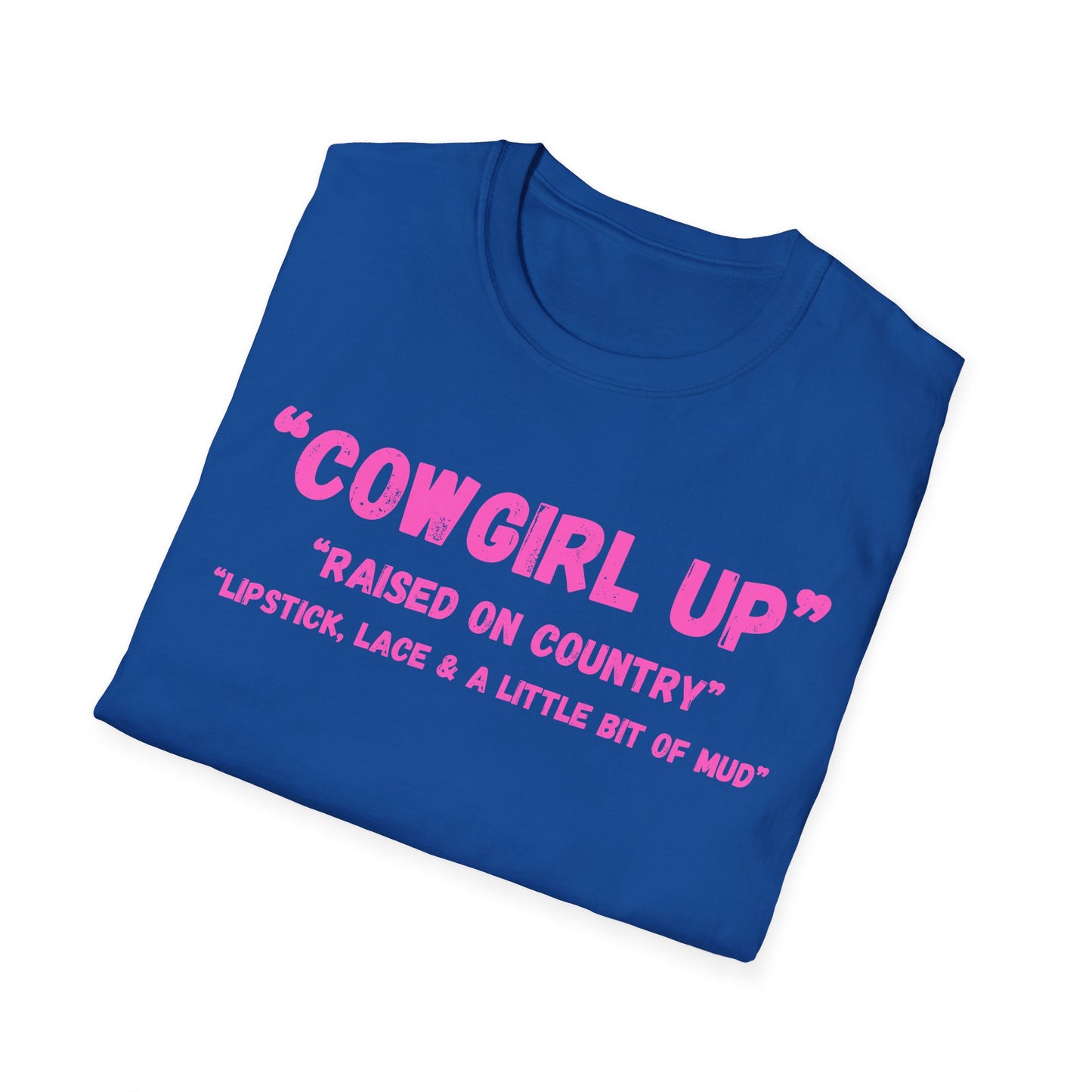 Cowgirl up graphic tee, T Shirt | Raised on Country pink text