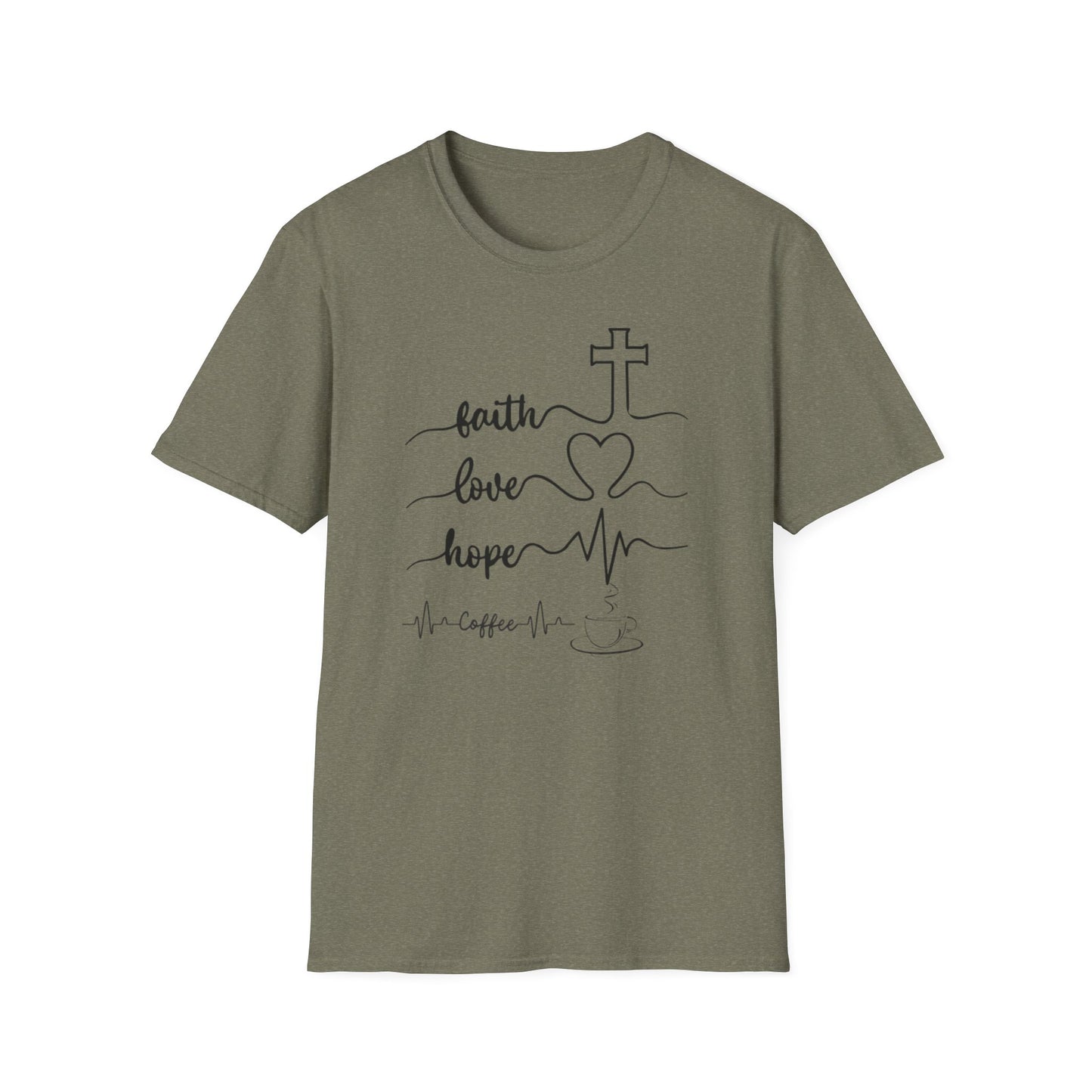 Faith Love Hope Unisex Softstyle T-Shirt, Christian Gifts, Inspirational Tee, Casual Wear, Perfect for Church, Coffee Lovers