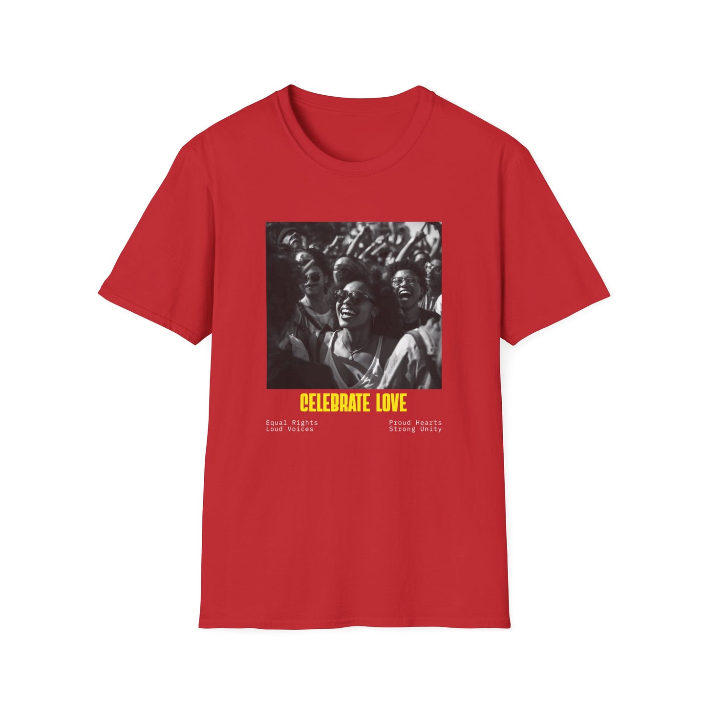 Celebrate Love T-Shirt | Black and White Crowd Photo, Yellow Text