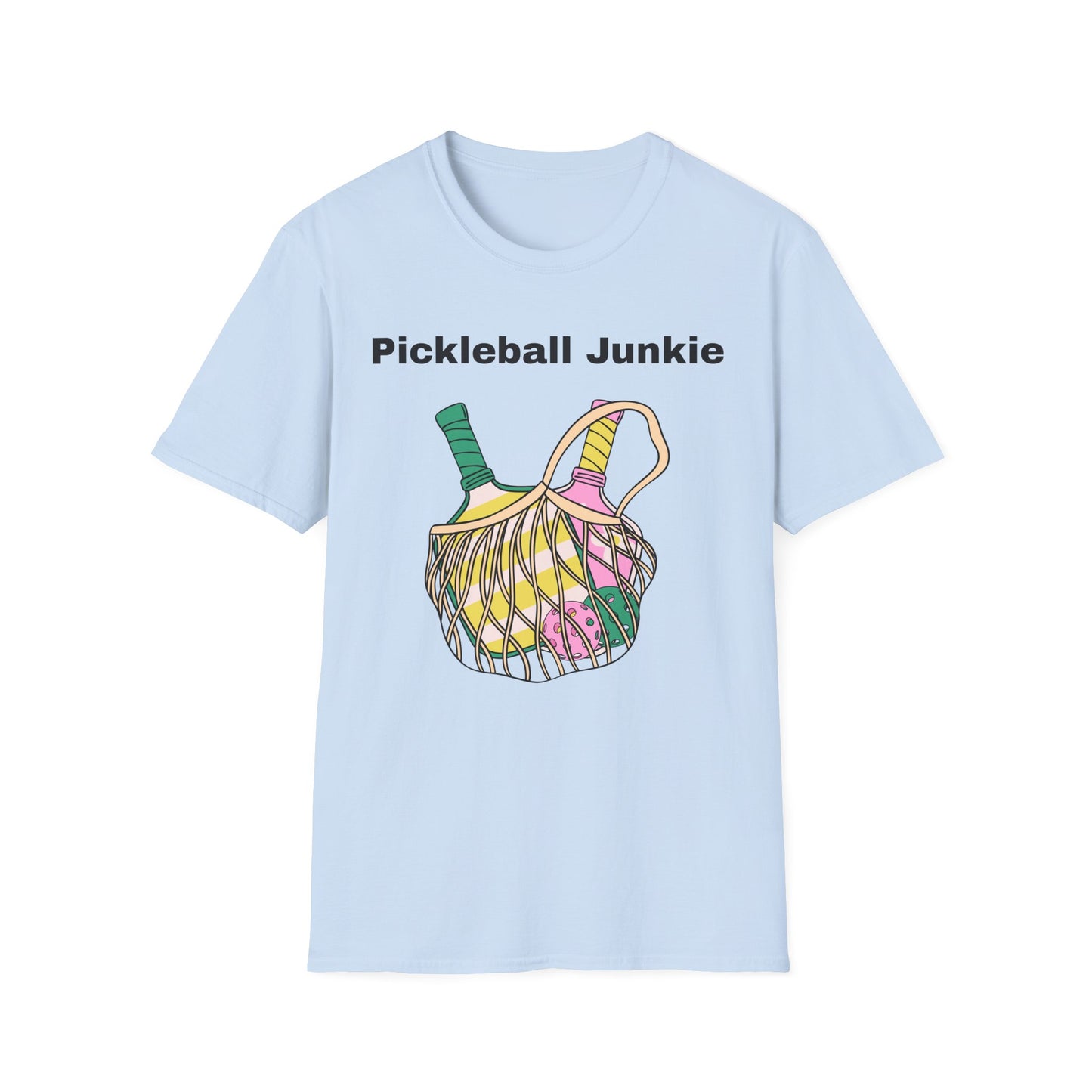 Pickleball Junkie T-Shirt | Colorful Paddle and Ball Illustration