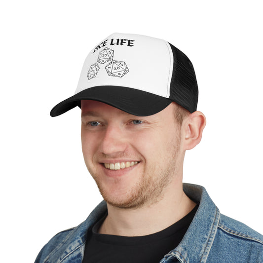 Dice Life Mesh Cap for Gamers, Trucker Hat for D&D Fans, Adjustable Snapback, Gift for Tabletop Enthusiasts, RPG Accessory