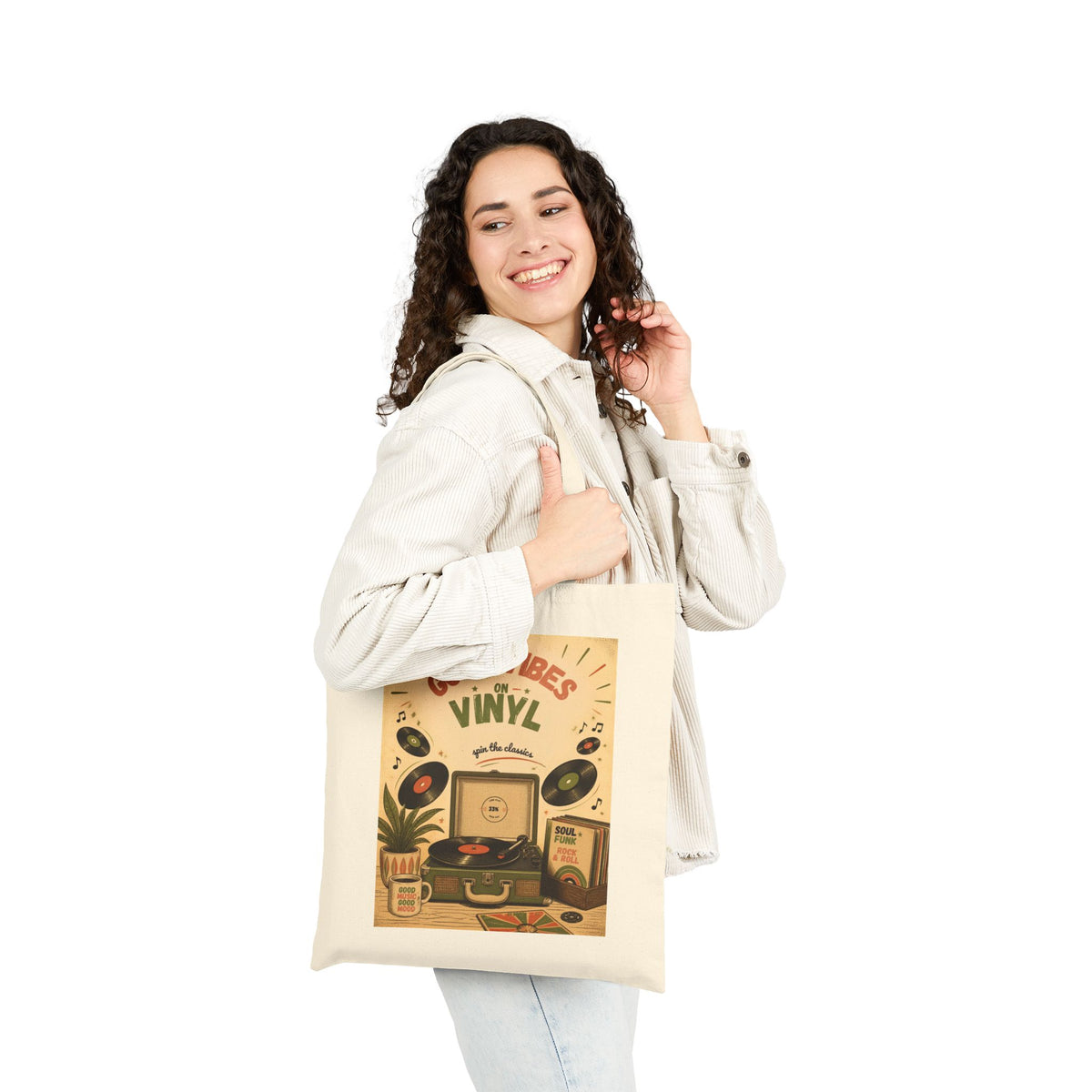 Good Vibes Vinyl Record Player Tote Bag | Retro Music Illustration