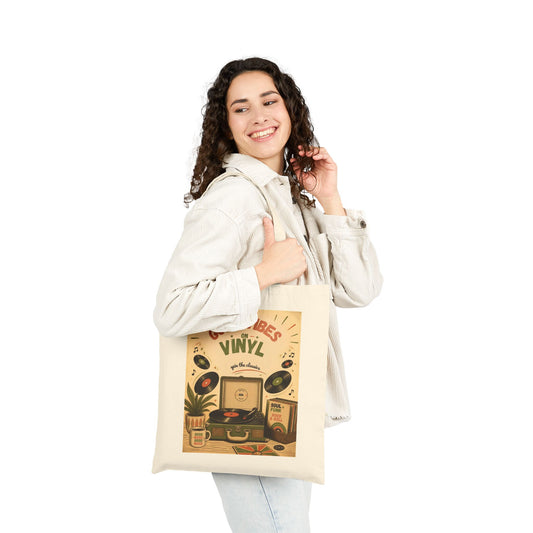 Good Vibes Vinyl Record Player Tote Bag | Retro Music Illustration