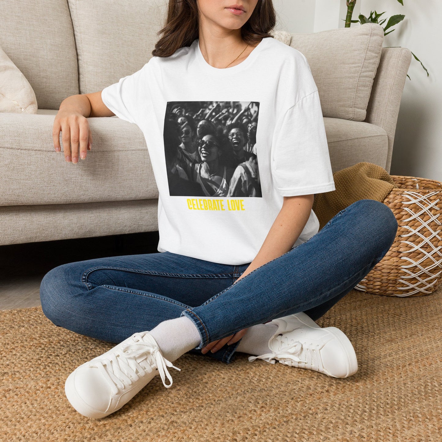 Celebrate Love T-Shirt | Black and White Crowd Photo, Yellow Text