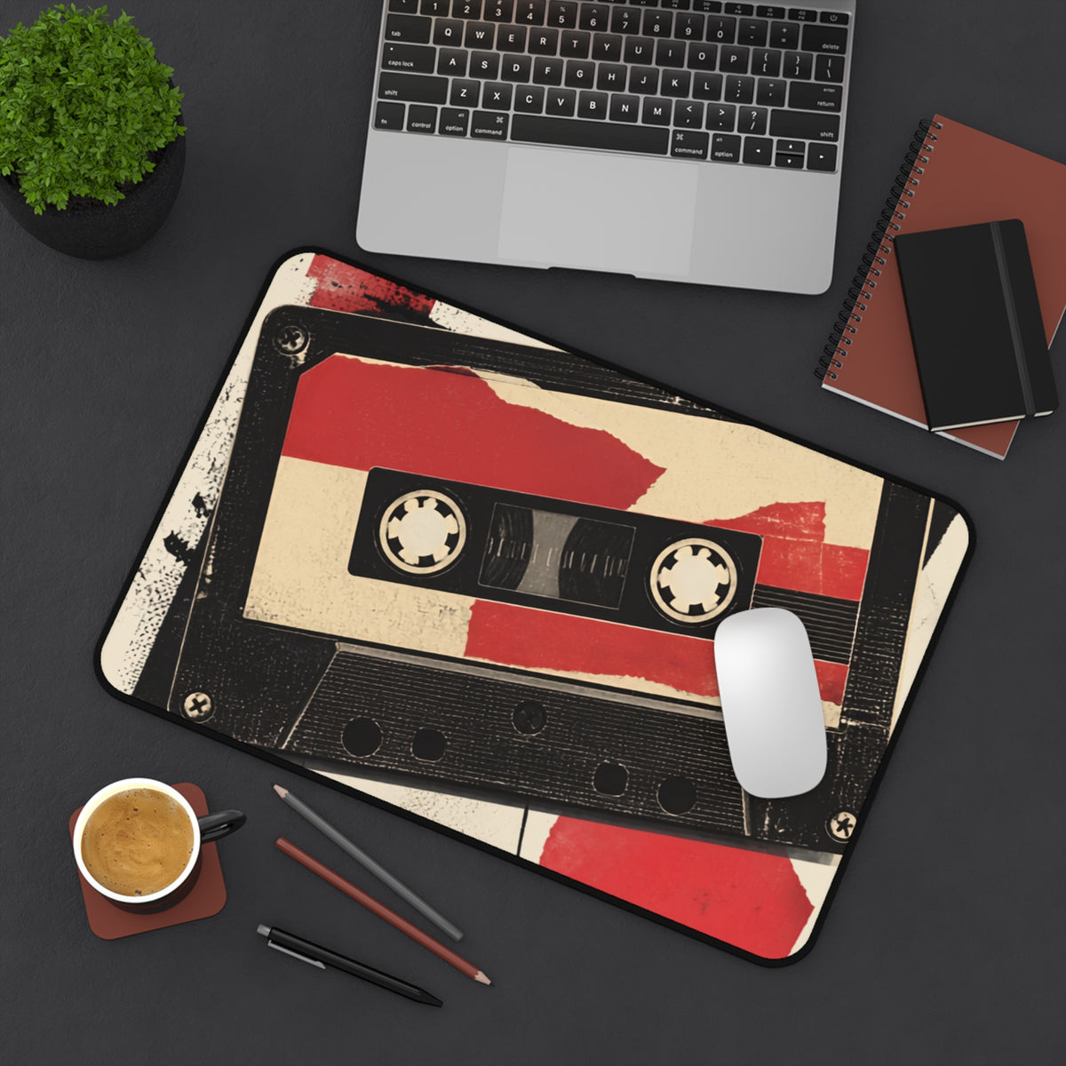 Retro Cassette Tape Desk Mat | Vintage Audio, Red Black Graphic