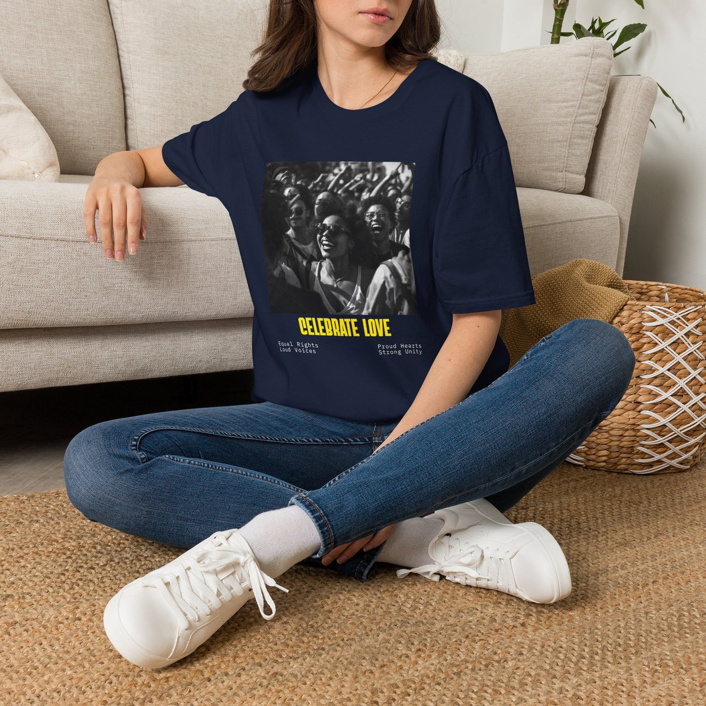Celebrate Love T-Shirt | Black and White Crowd Photo, Yellow Text