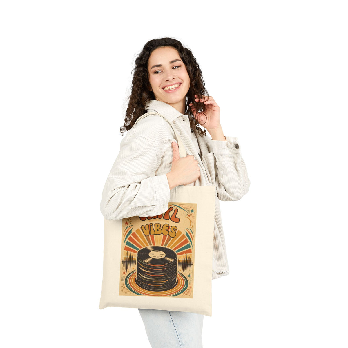Vinyl Vibes record stack Tote Bag | Retro music graphic canvas