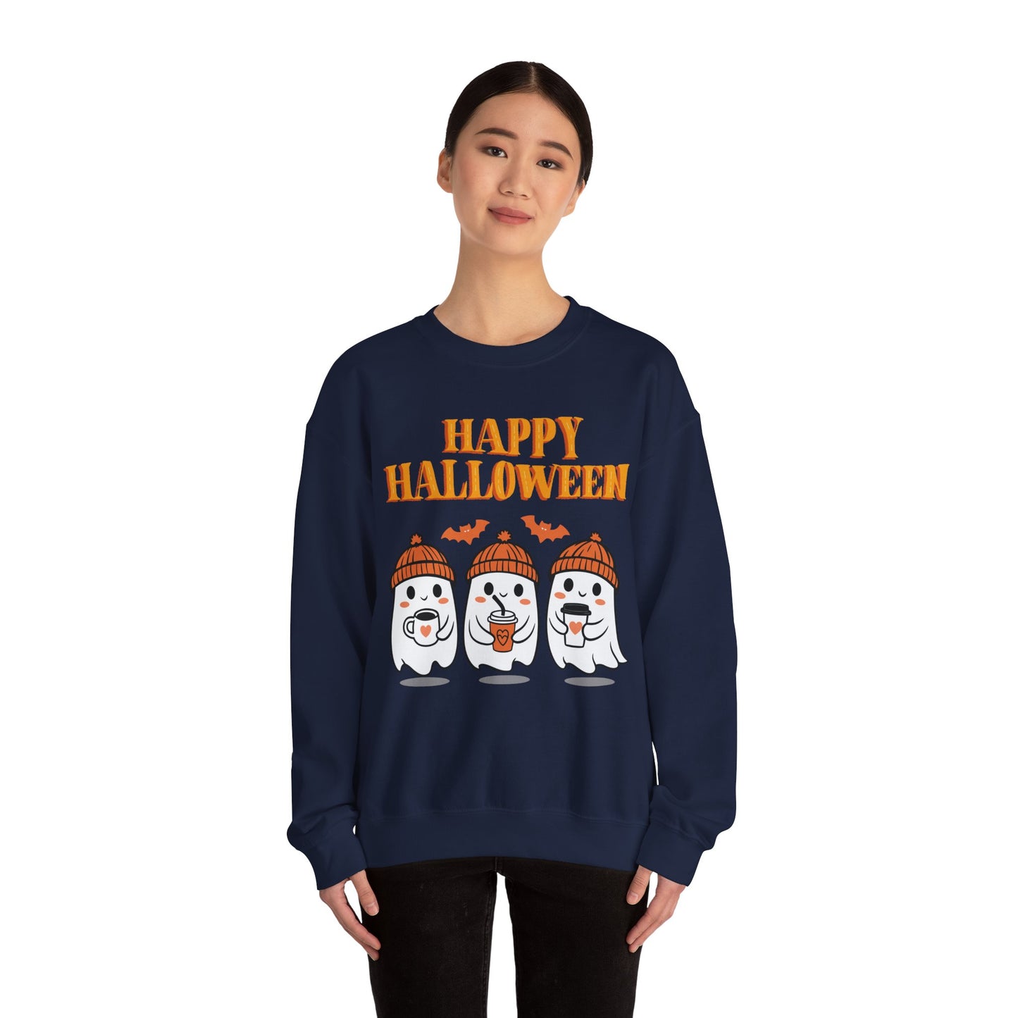 Happy Halloween Ghosts Crewneck Sweatshirt, Cozy Fall Apparel, Unisex Halloween Sweatshirt, Spooky Season Gift, Cute Pumpkin Design